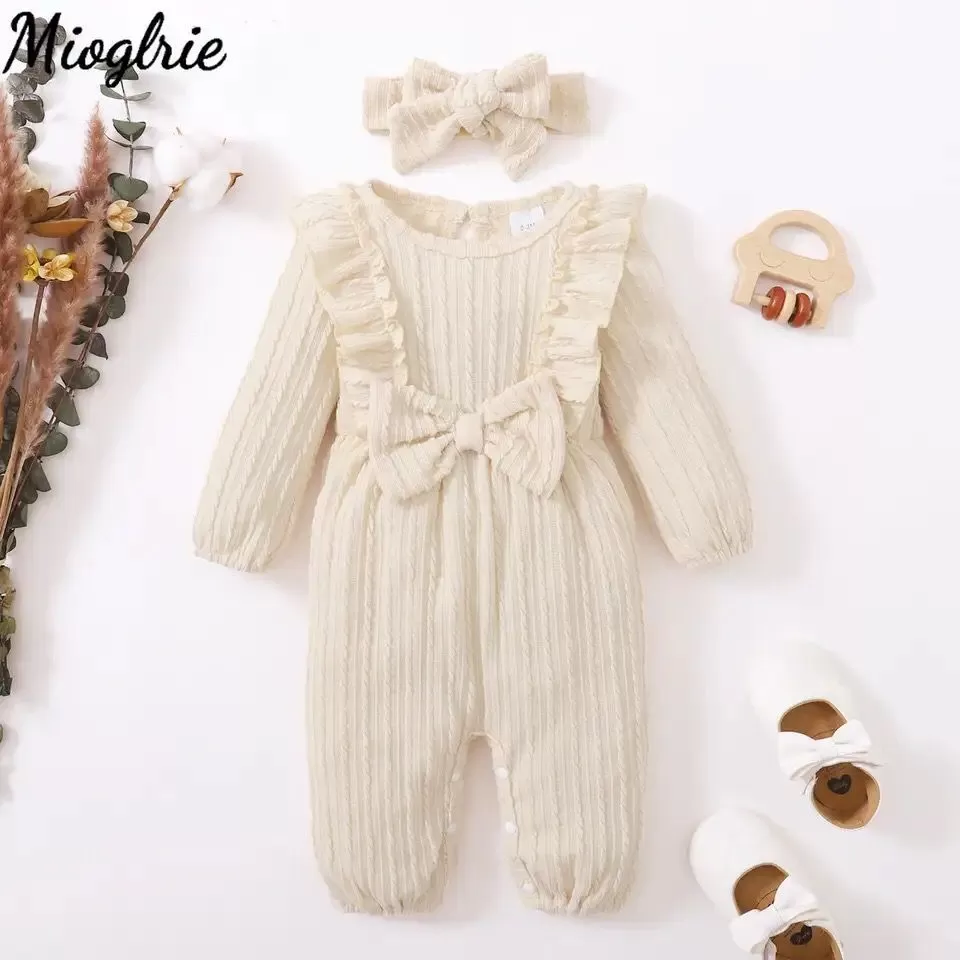 Baby Girls Winter Warm Jumpsuit Newborn Clothes Solid Ruffled Clothing with Headband Bowknot Button Infant Newborn Romper X44709