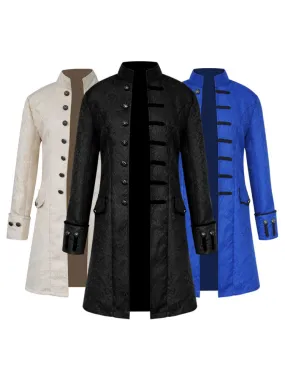 Black Vintage Coat Stand Collar Button Up Jacquard Middle Ages Overcoat Retro Costumes For Man