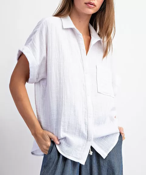 Cotton Gauze Button Down Top - Off Whte