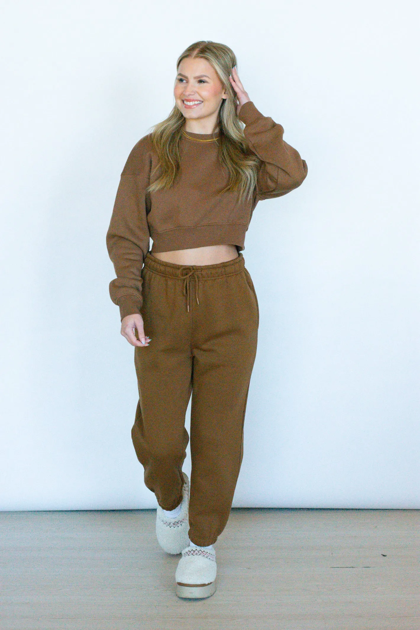 Cozy Plans Brown Cropped Fleece Sweatshirt