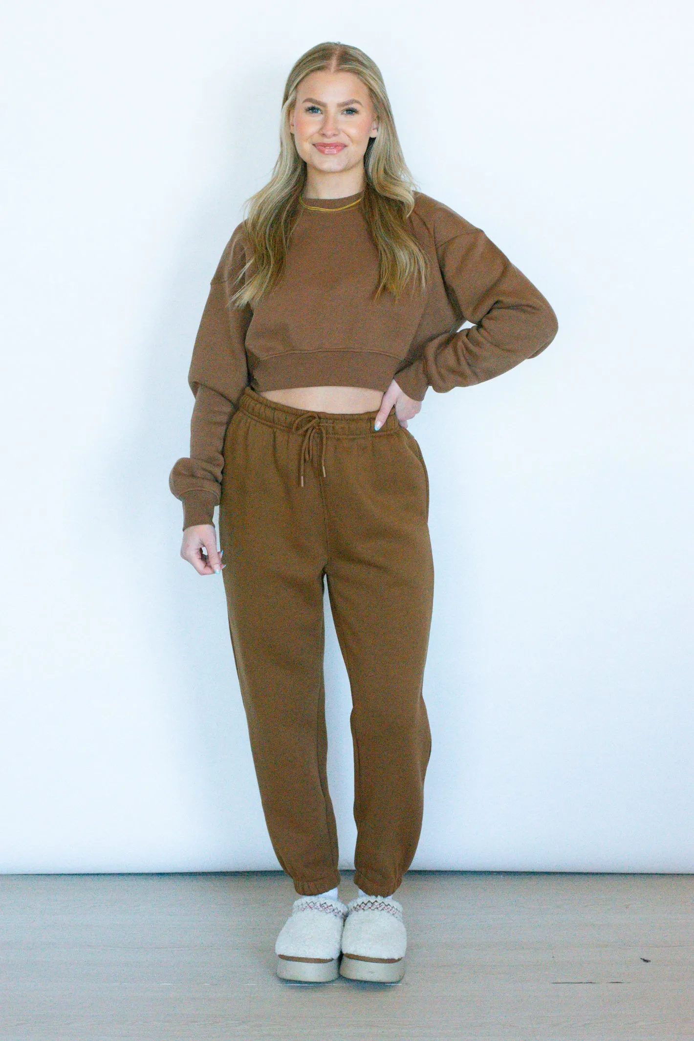 Cozy Plans Brown Cropped Fleece Sweatshirt