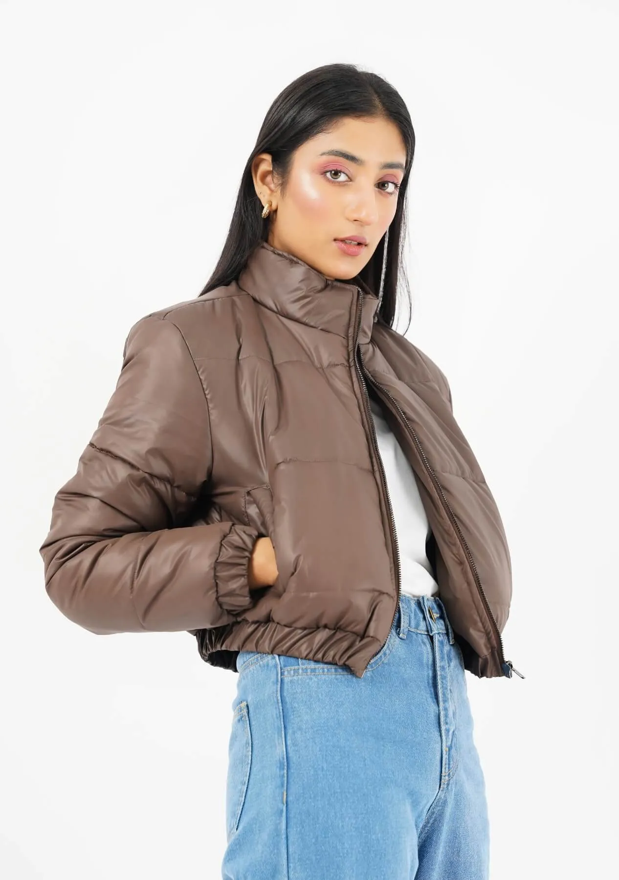 Cropped Puffer Jacket - chocolate brown