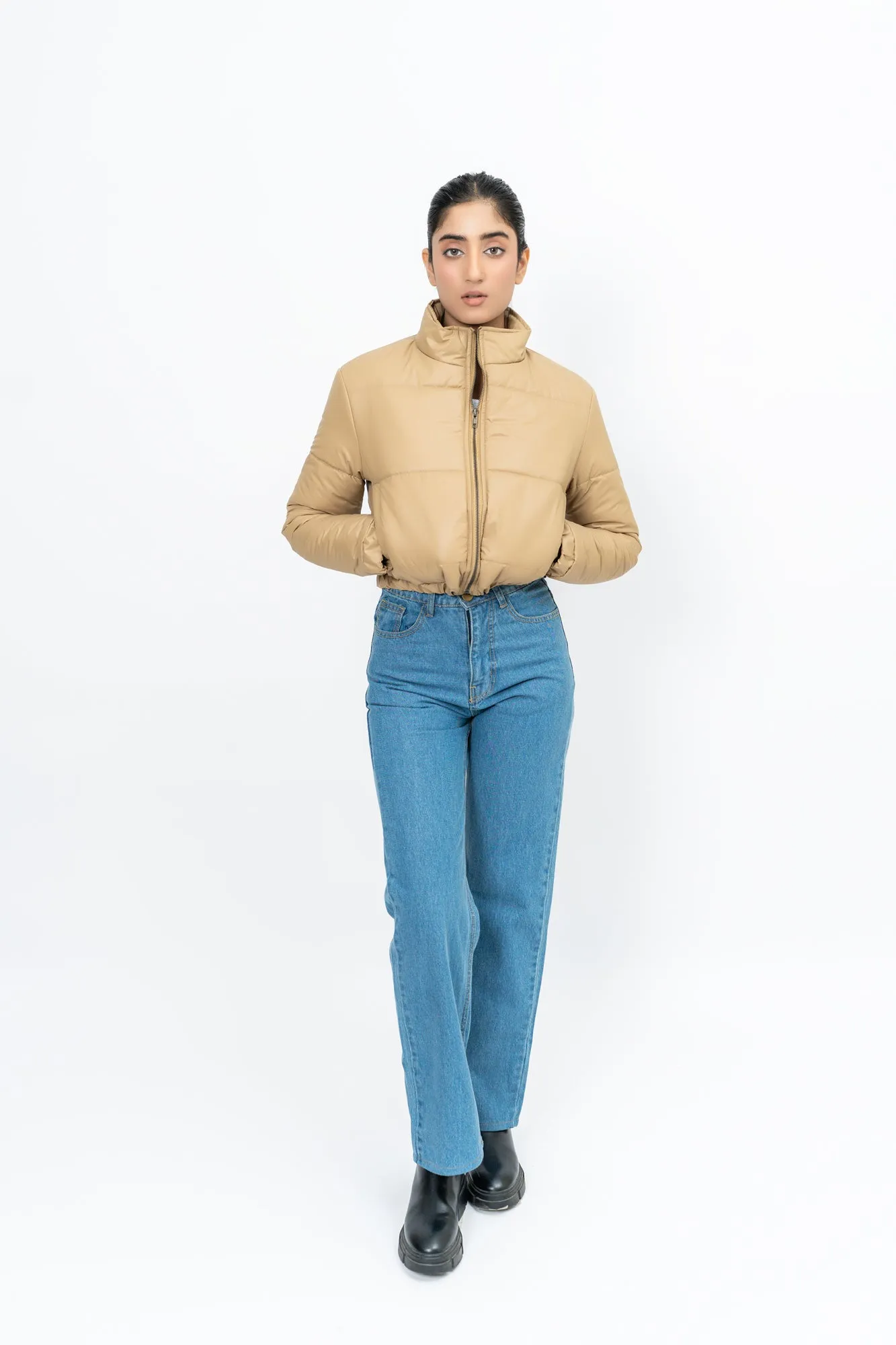 Cropped Puffer Jacket - Light Brown