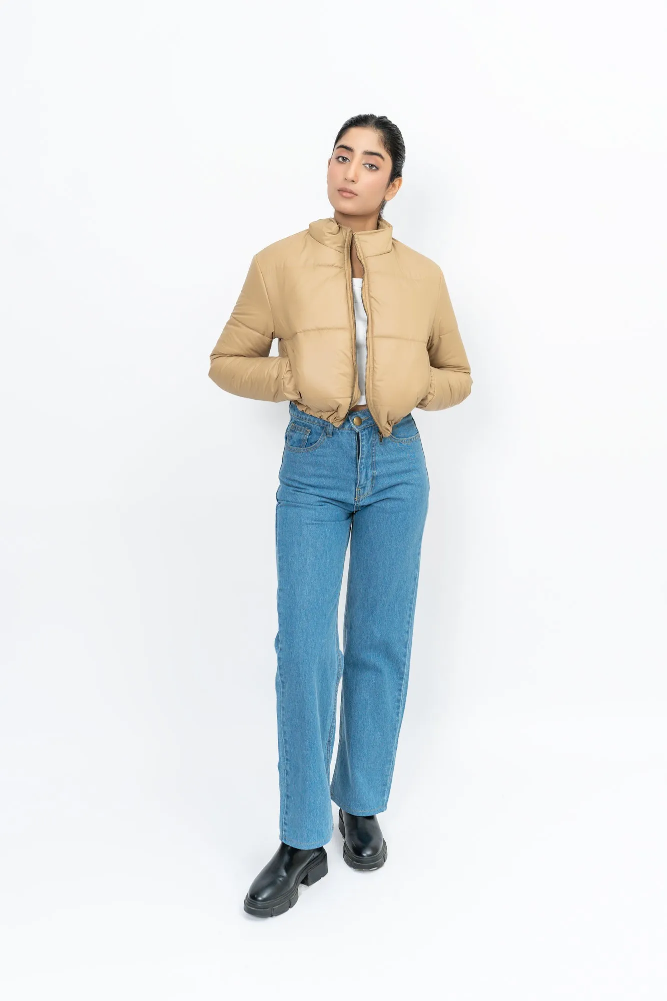 Cropped Puffer Jacket - Light Brown