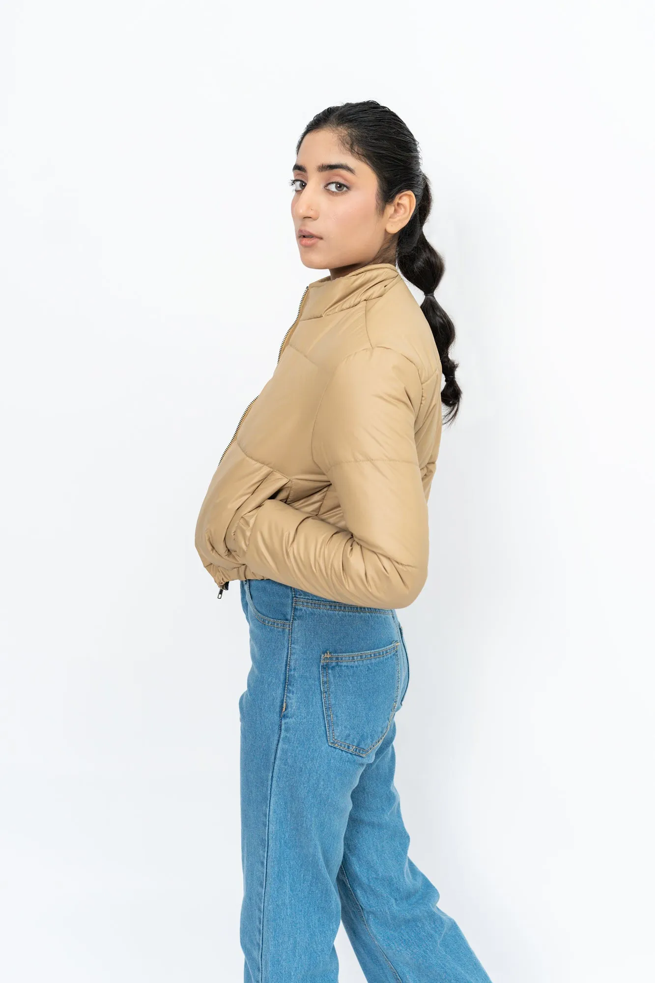 Cropped Puffer Jacket - Light Brown