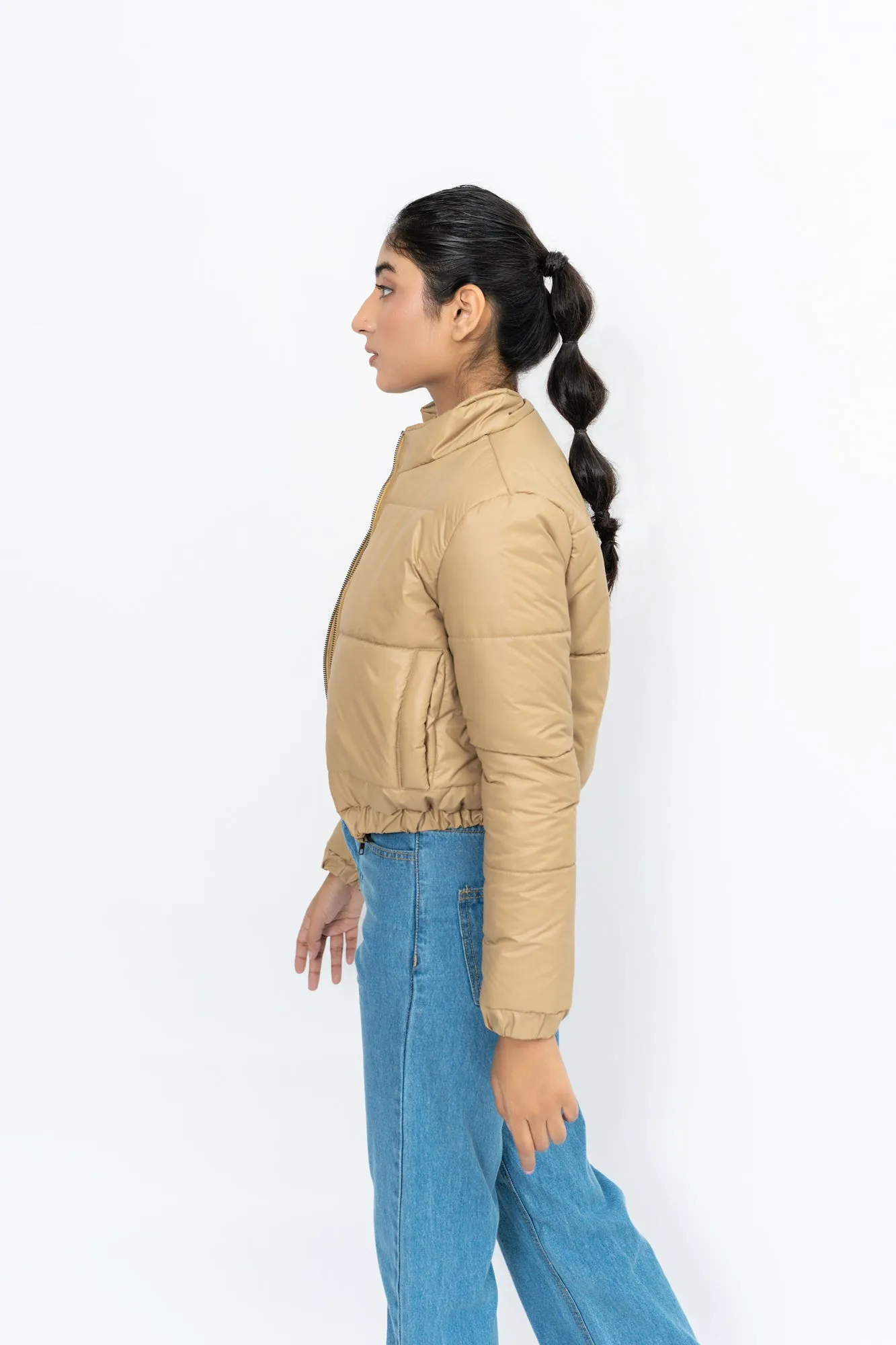 Cropped Puffer Jacket - Light Brown