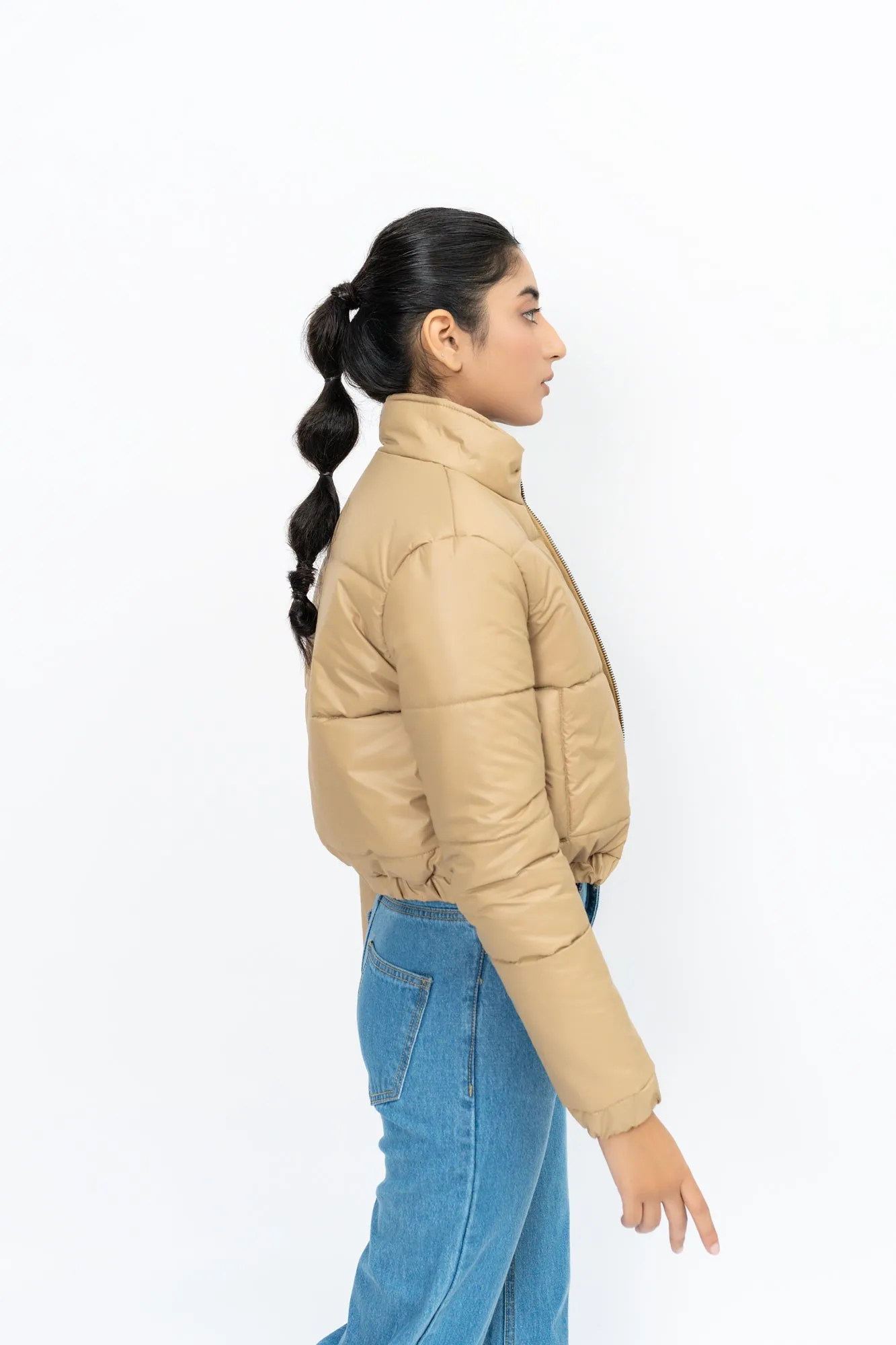 Cropped Puffer Jacket - Light Brown