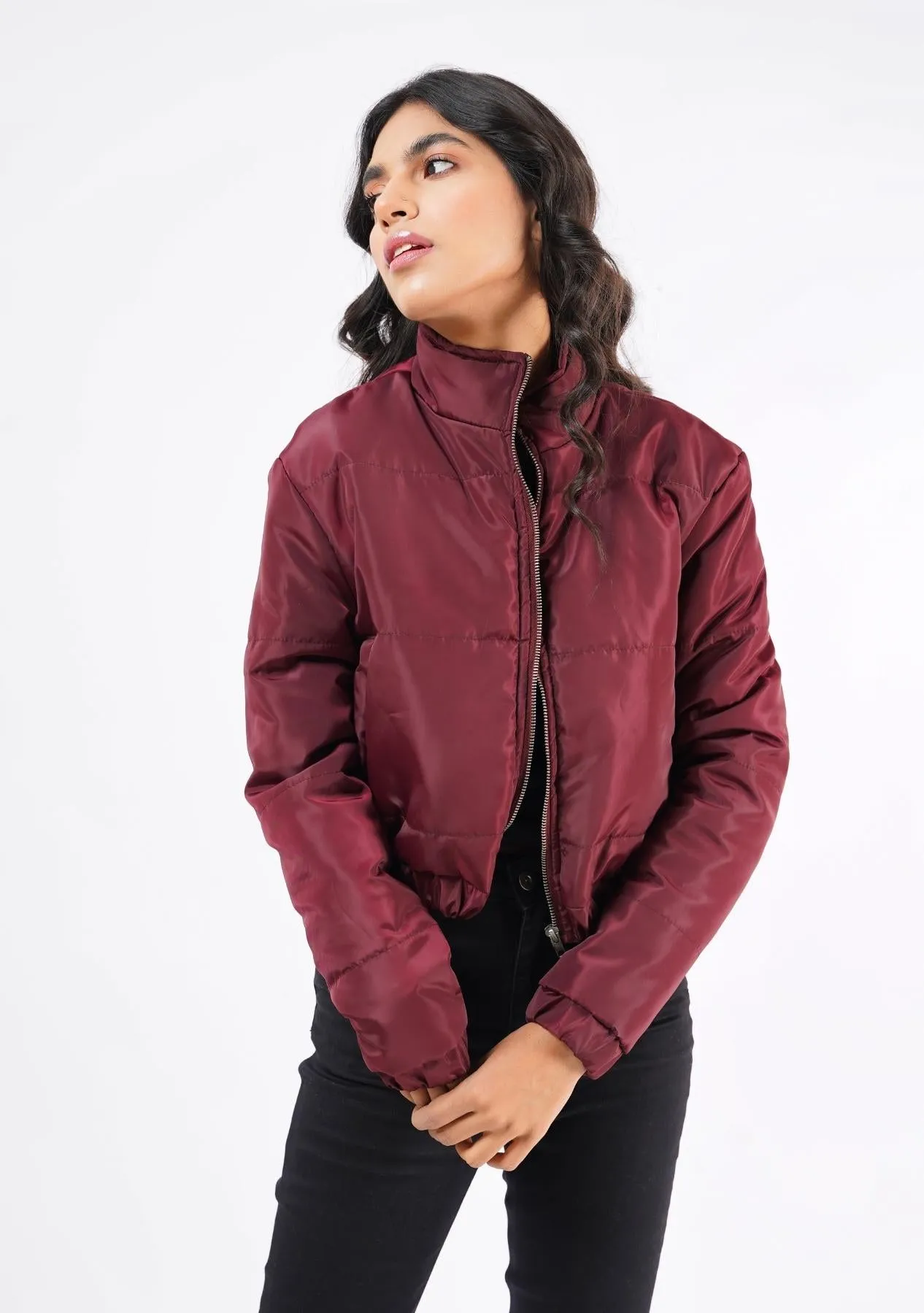 Cropped Puffer Jacket - maroon