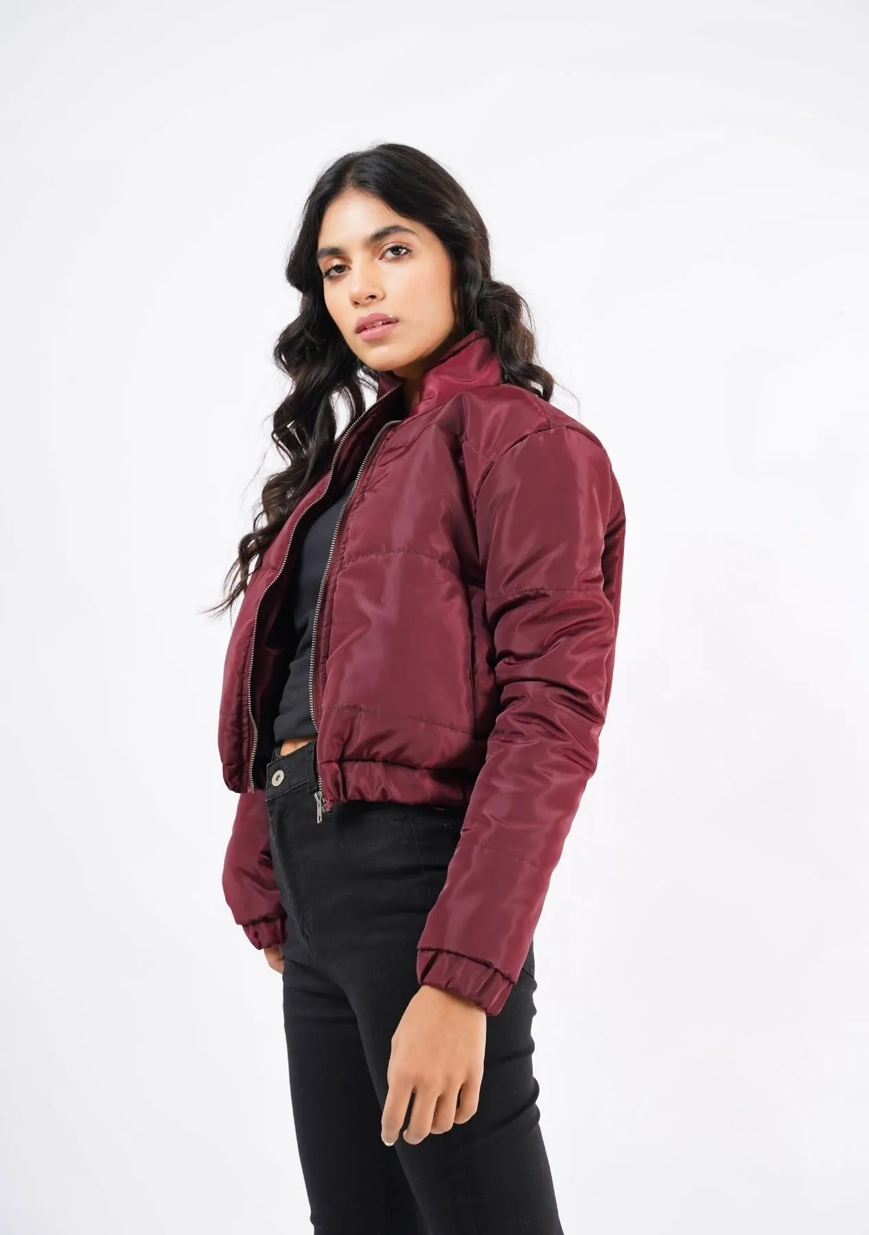 Cropped Puffer Jacket - maroon