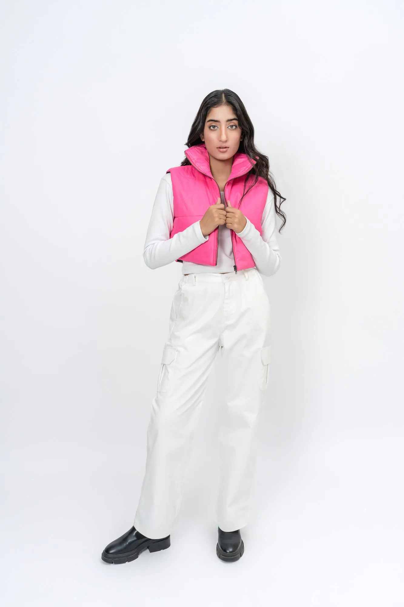 Cropped Puffer Vest - Fuchsia Pink