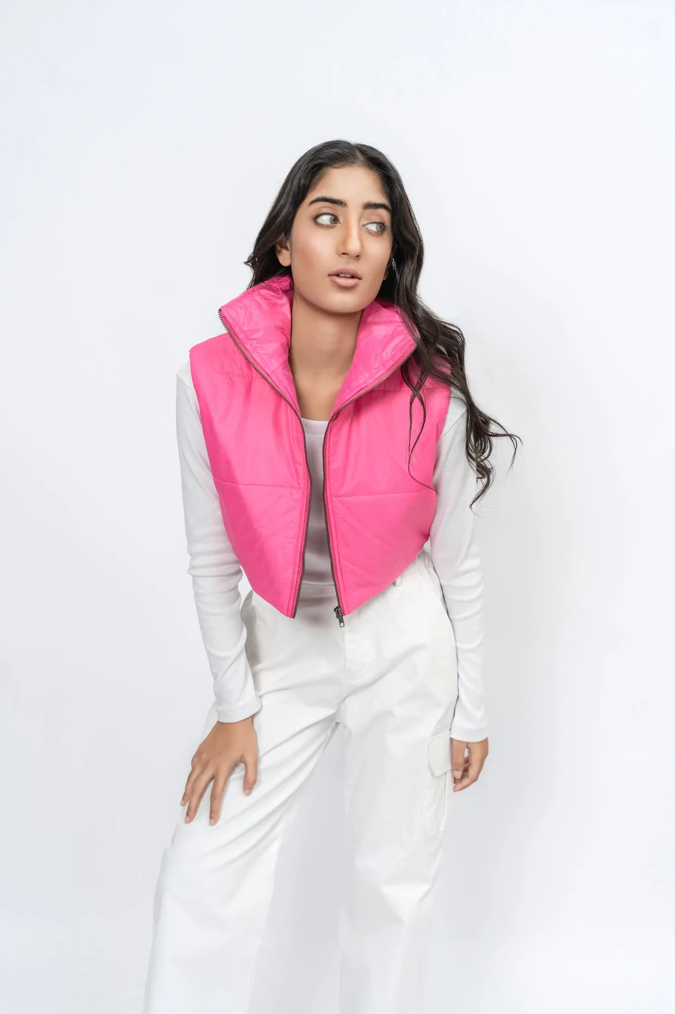 Cropped Puffer Vest - Fuchsia Pink