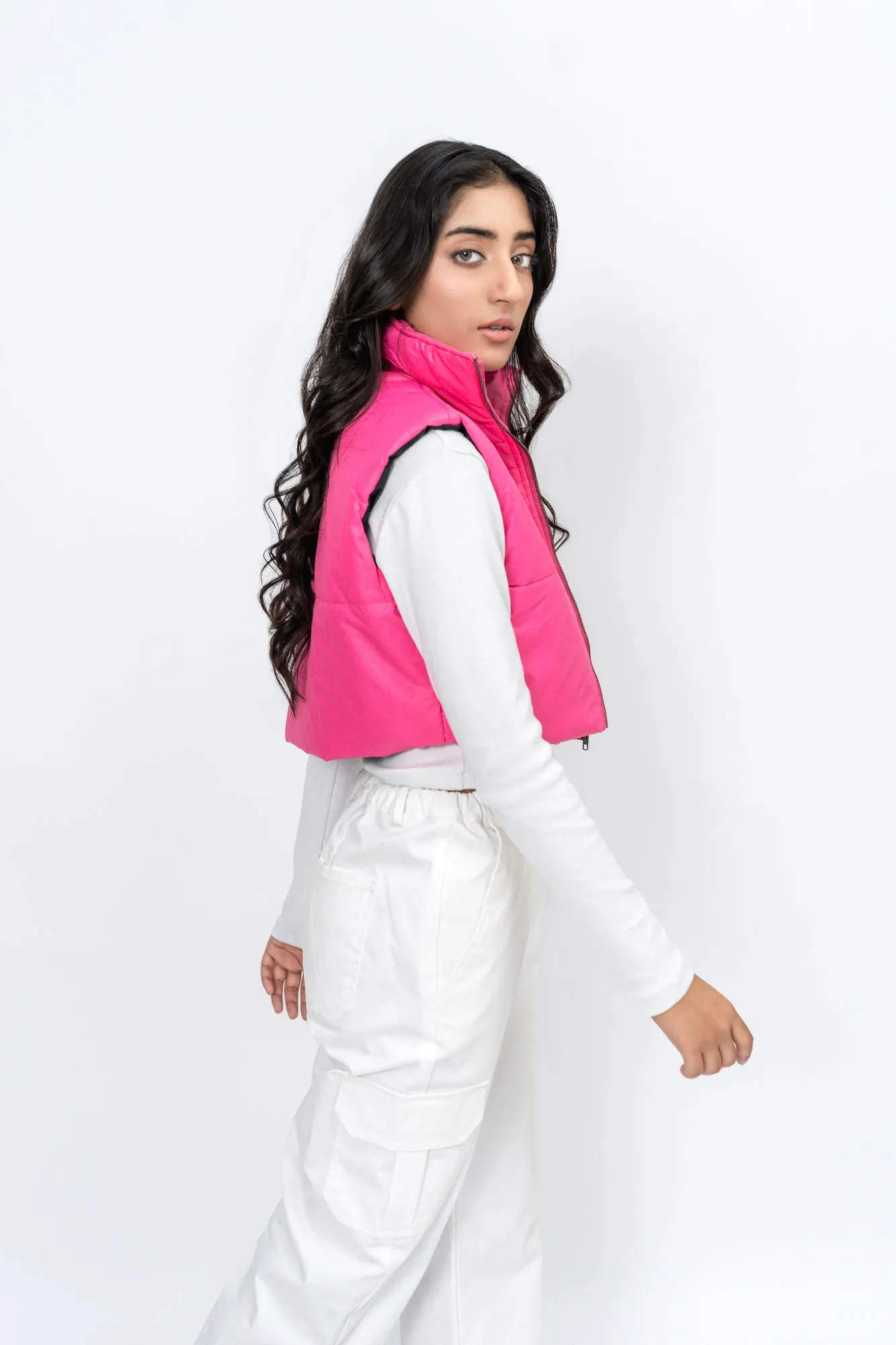 Cropped Puffer Vest - Fuchsia Pink