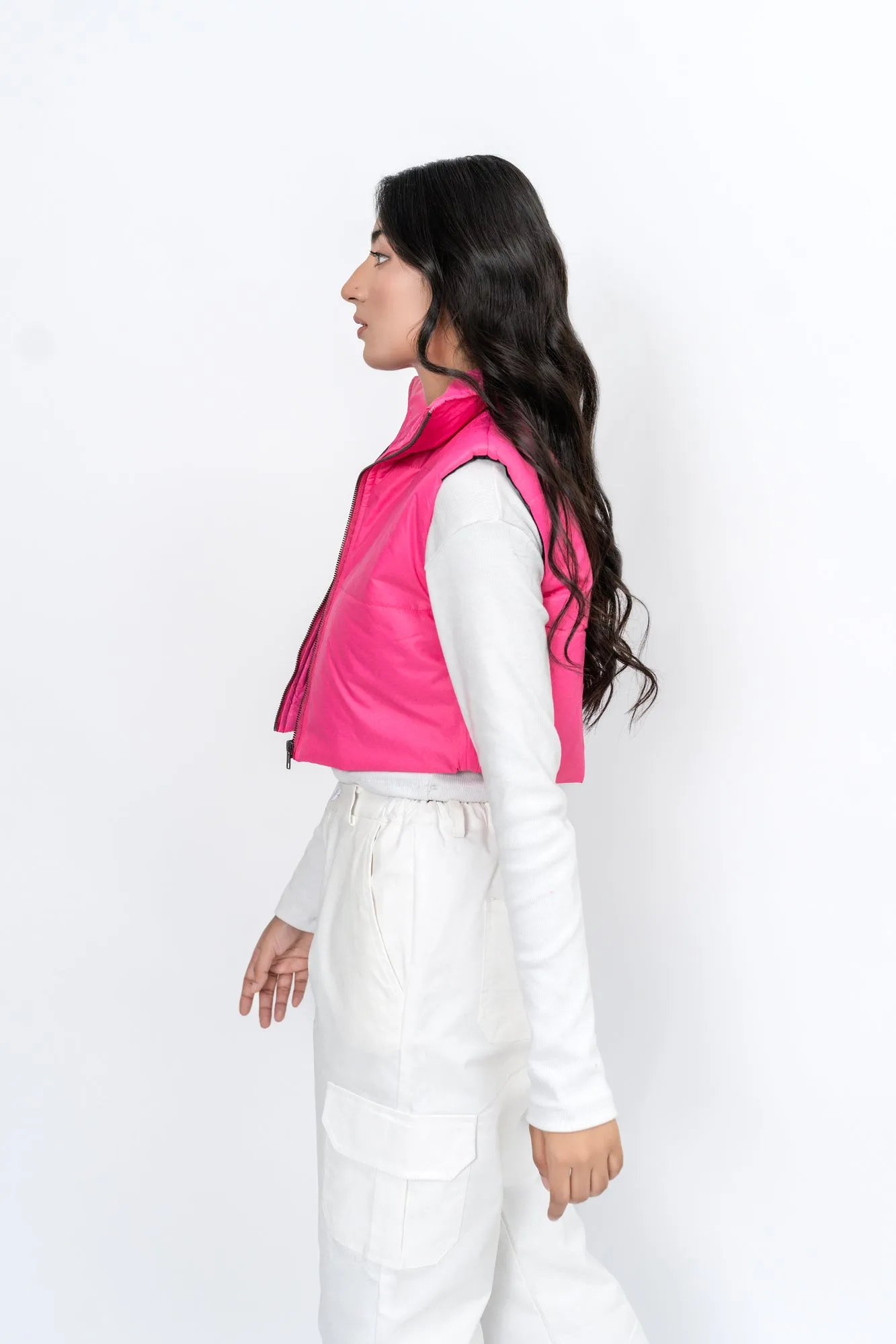 Cropped Puffer Vest - Fuchsia Pink