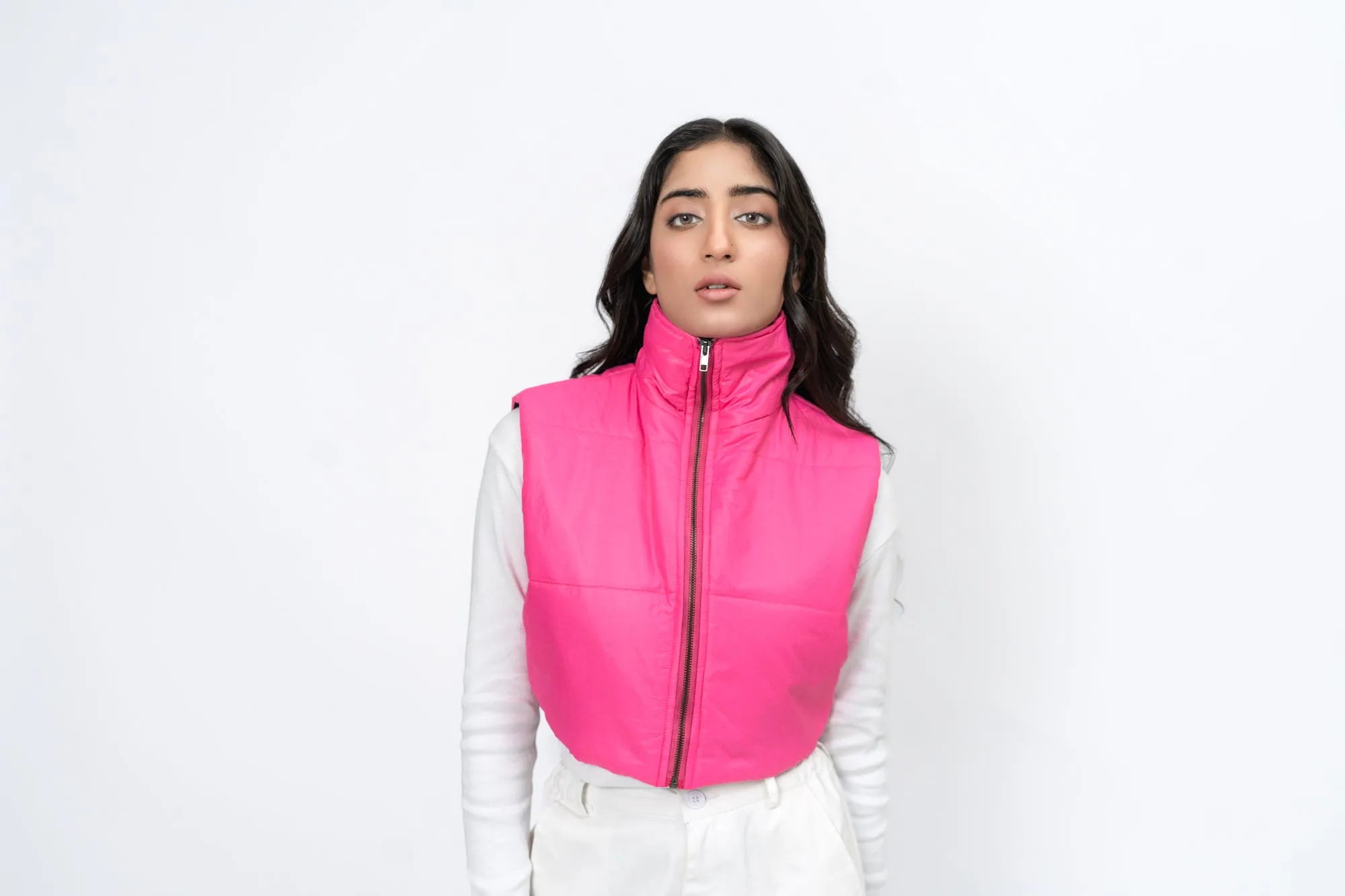 Cropped Puffer Vest - Fuchsia Pink