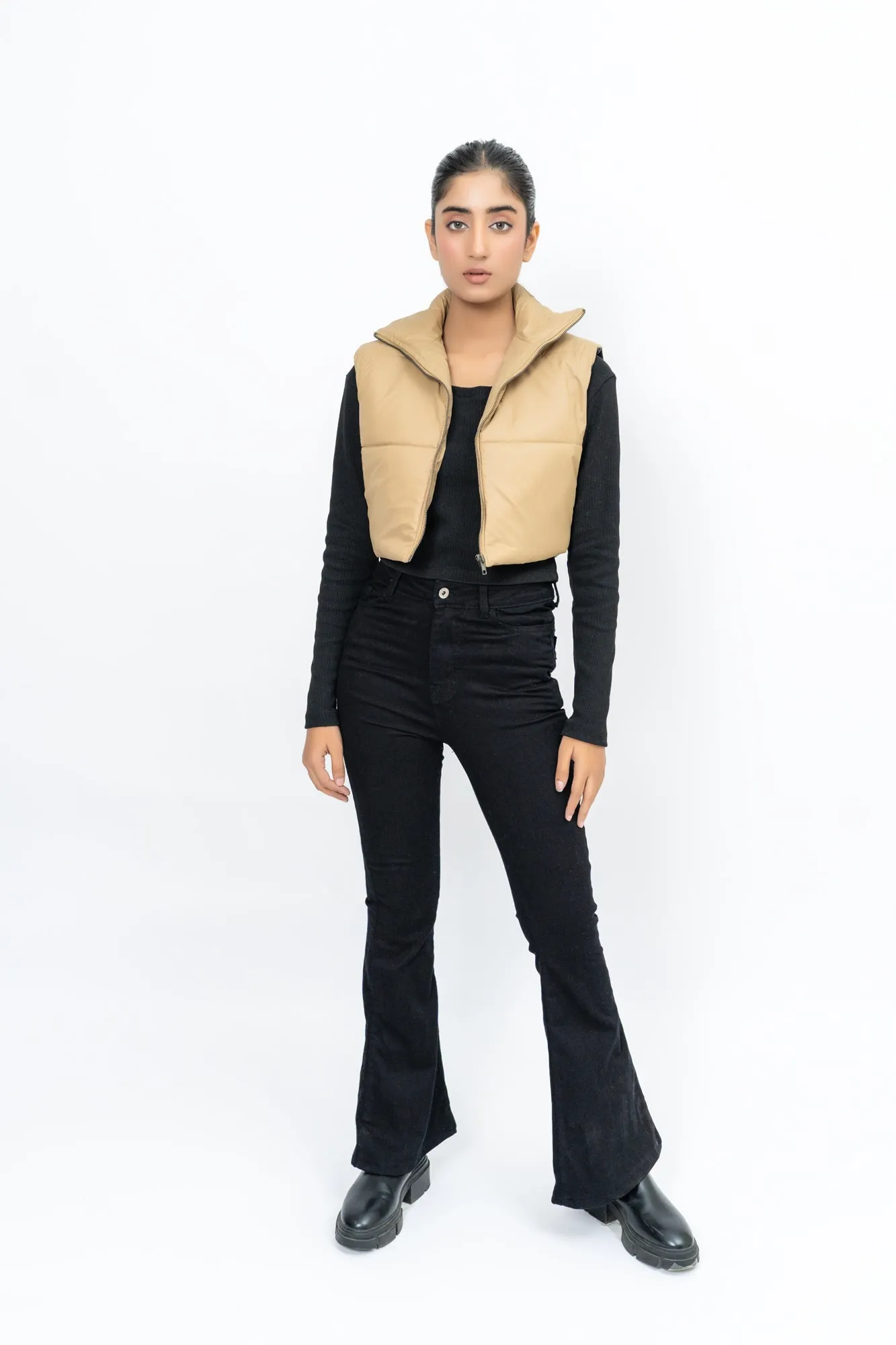 Cropped Puffer Vest - Light Brown