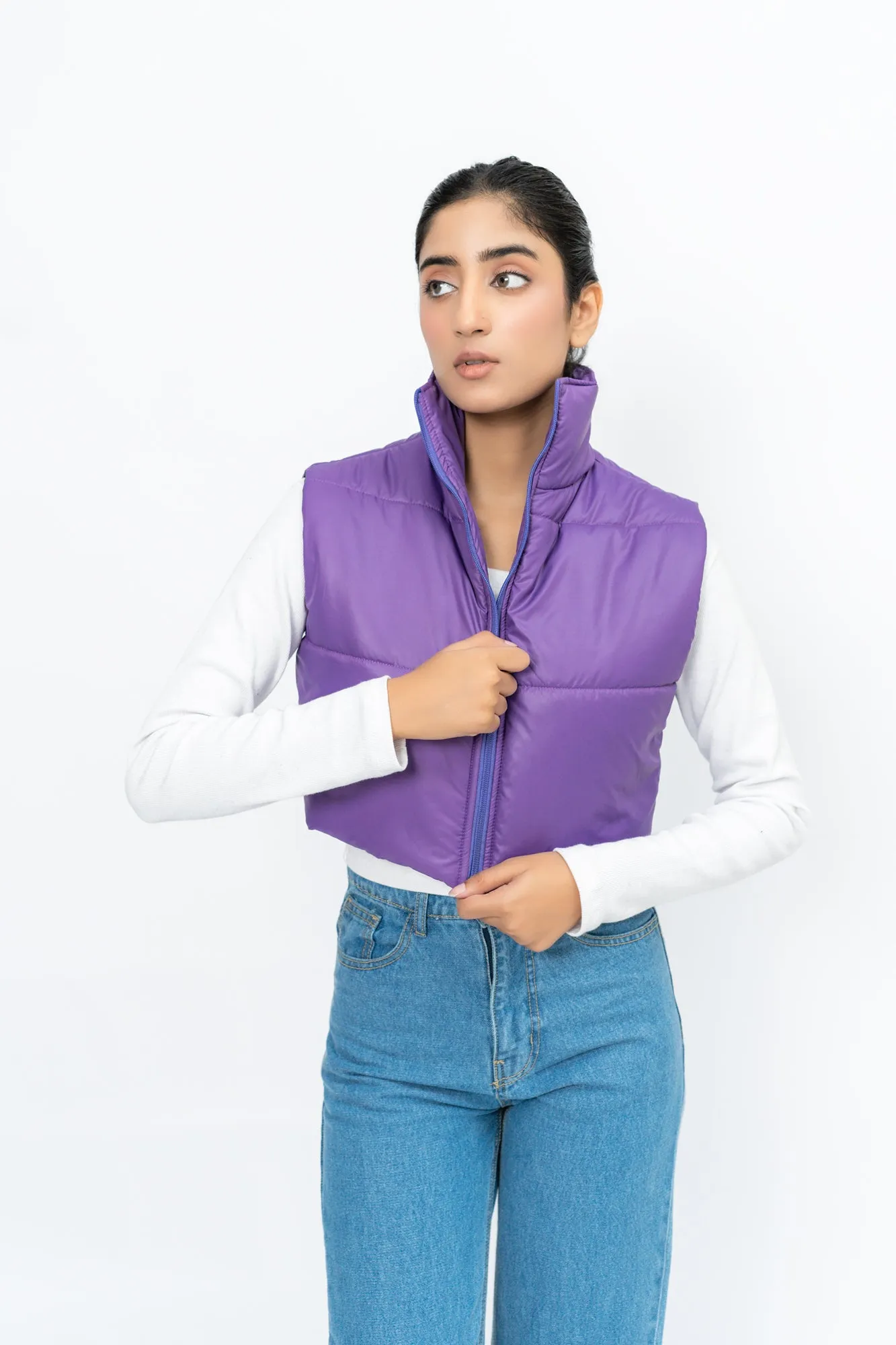 Cropped Puffer Vest - Purple