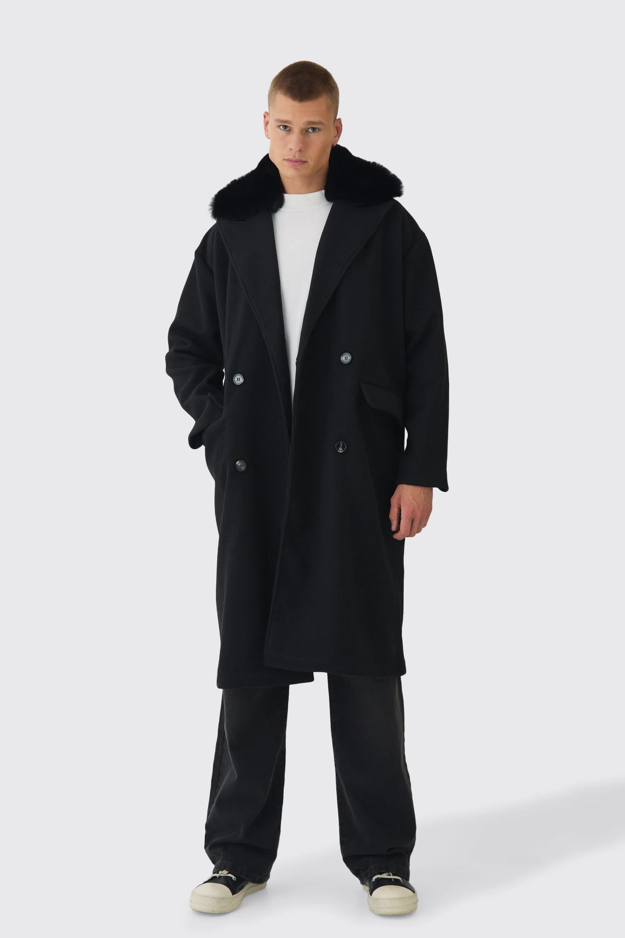 Drop Shoulder Overcoat With Removeable Faux Fur Trim In Black