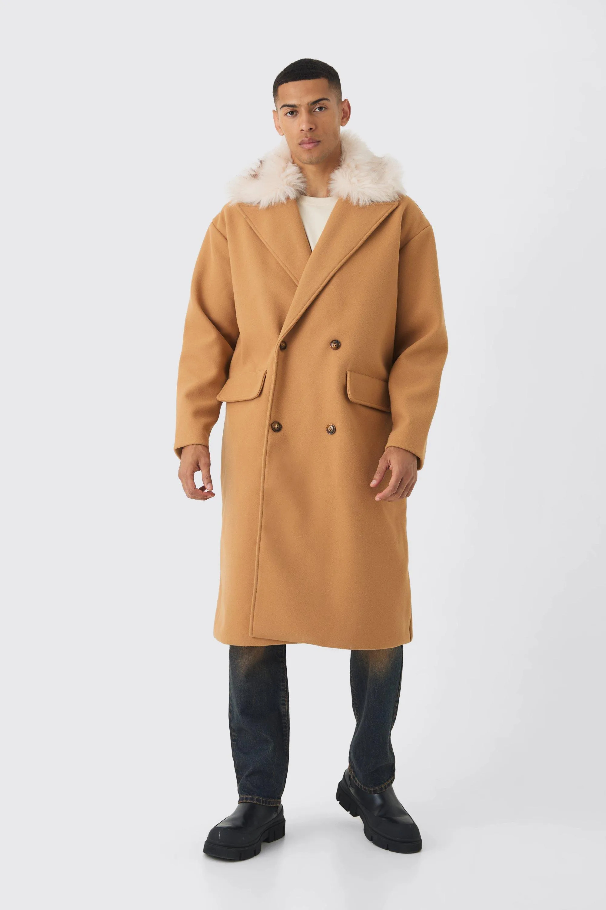 Drop Shoulder Overcoat With Removeable Faux Fur Trim In Camel