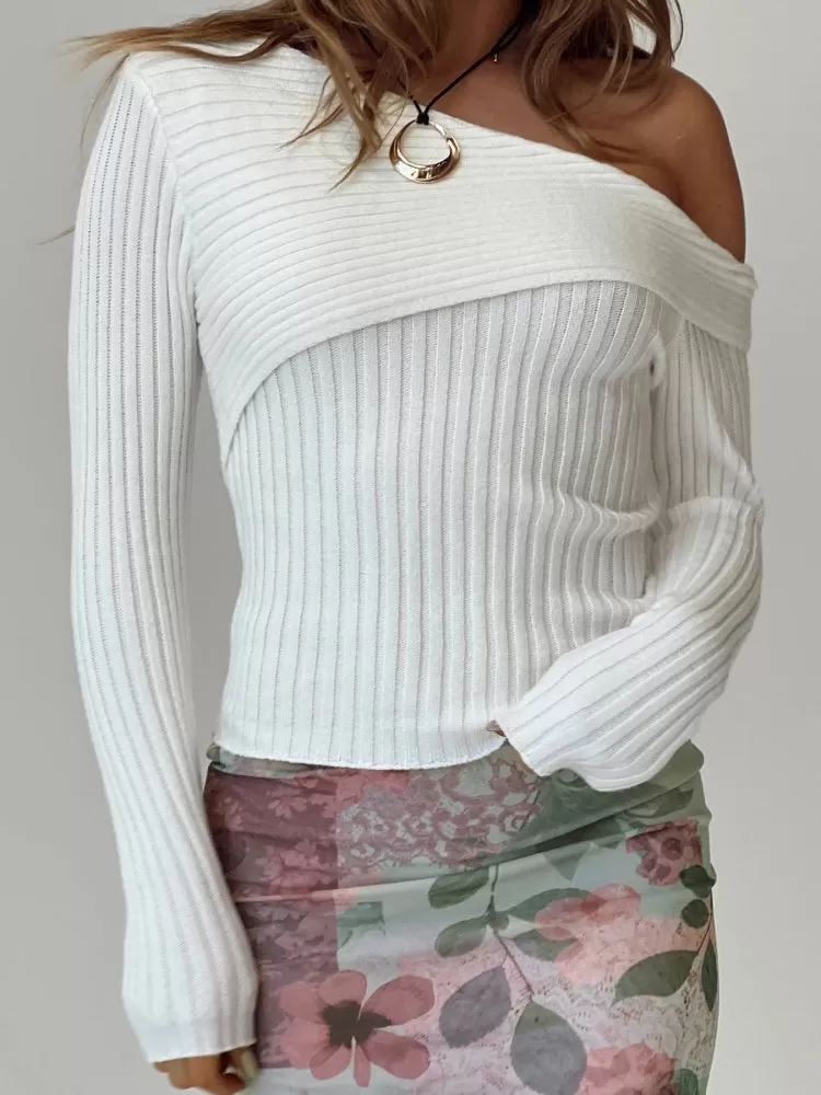 Fall Winter  Irregular Neck White Tops for Women Ribbed Knit Long Sleeve Sexy Slim Top