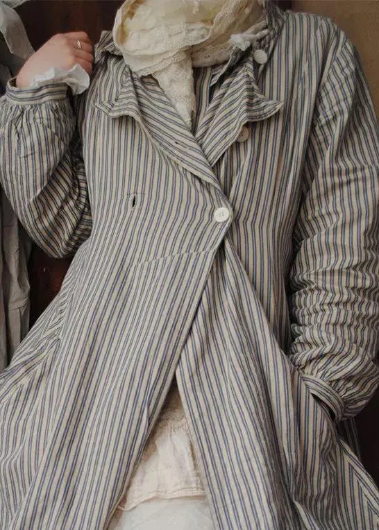 French Striped Button Pockets Cotton Coats Long Sleeve