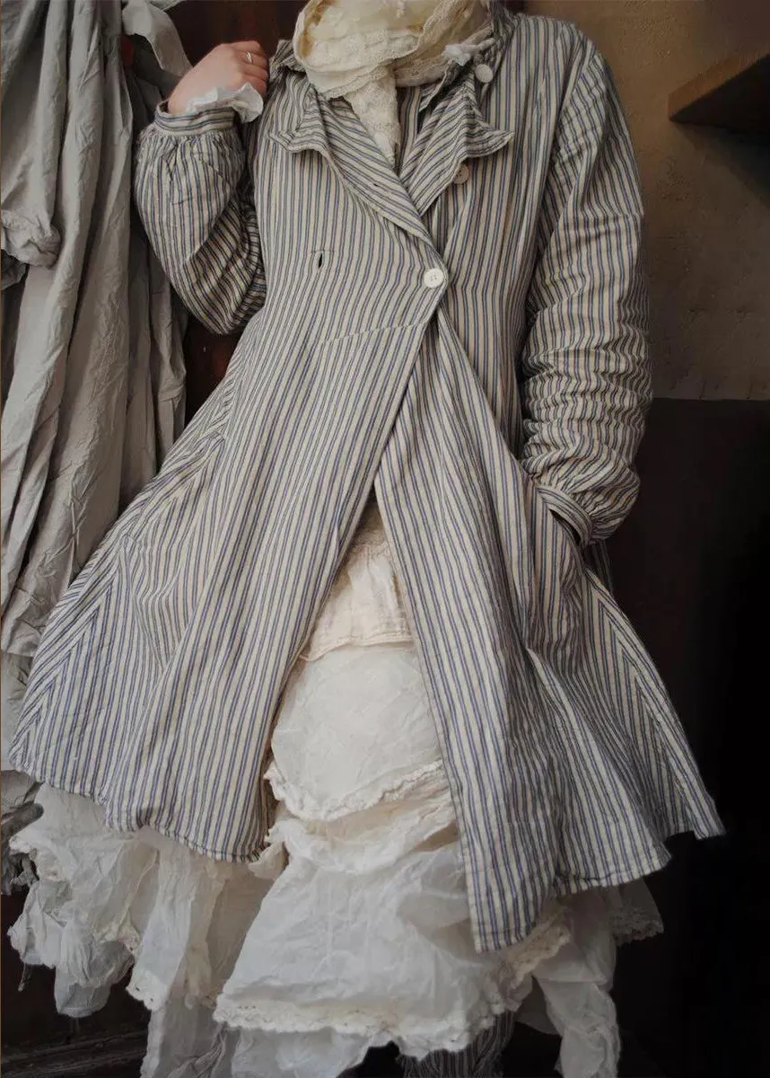 French Striped Button Pockets Cotton Coats Long Sleeve