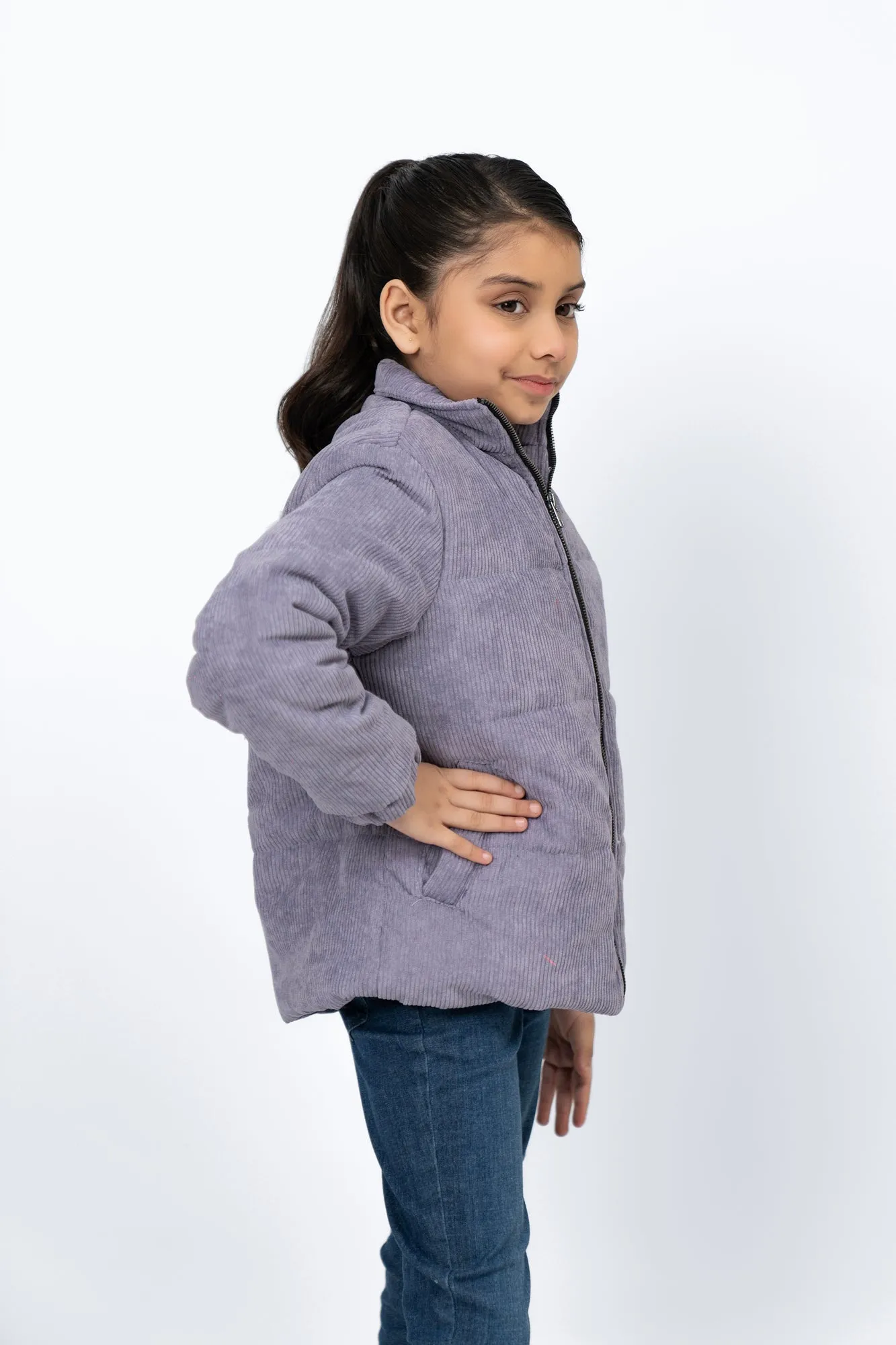 Girls Corduroy Puffer Jacket - Light Purple