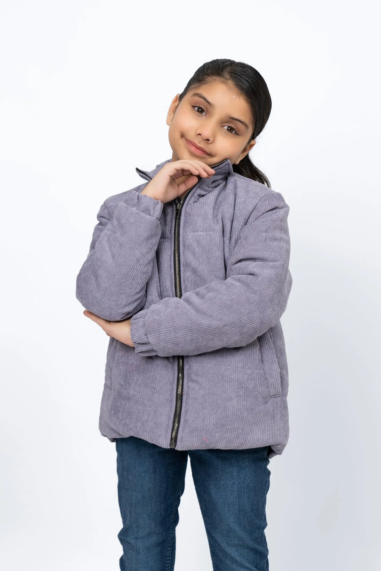 Girls Corduroy Puffer Jacket - Light Purple