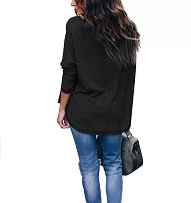 HauteEdition Slouchy Waffle Knit V-Neck Long Sleeve Tee