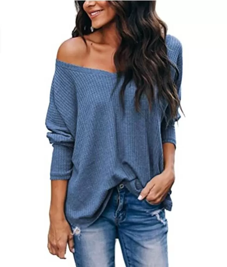 HauteEdition Slouchy Waffle Knit V-Neck Long Sleeve Tee