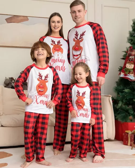 Holiday Christmas Family Matching Pajamas Set Mother Father Kids Elk Print Clothes