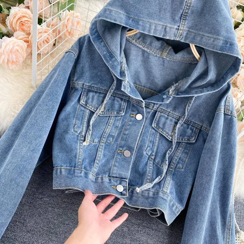 Hooded Denim Jacket Women Single Breasted Solid Short Vintage Overcoat