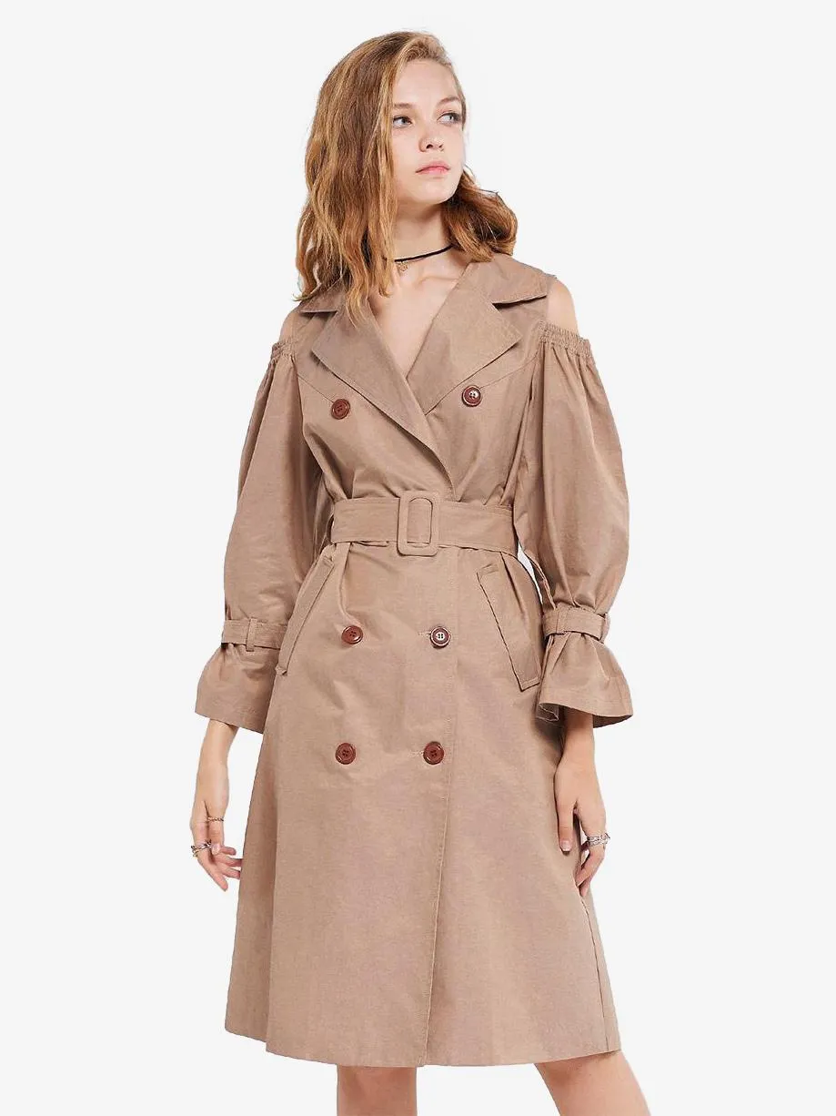 Khaki Trench Coat Notched Lapel Belted Pockets Overcoat