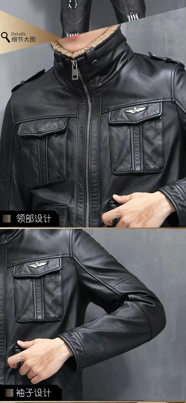 Men's Safari Style Genuine Leather Zipper Closure Solid Winter Jacket