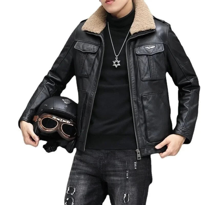 Men's Safari Style Genuine Leather Zipper Closure Solid Winter Jacket