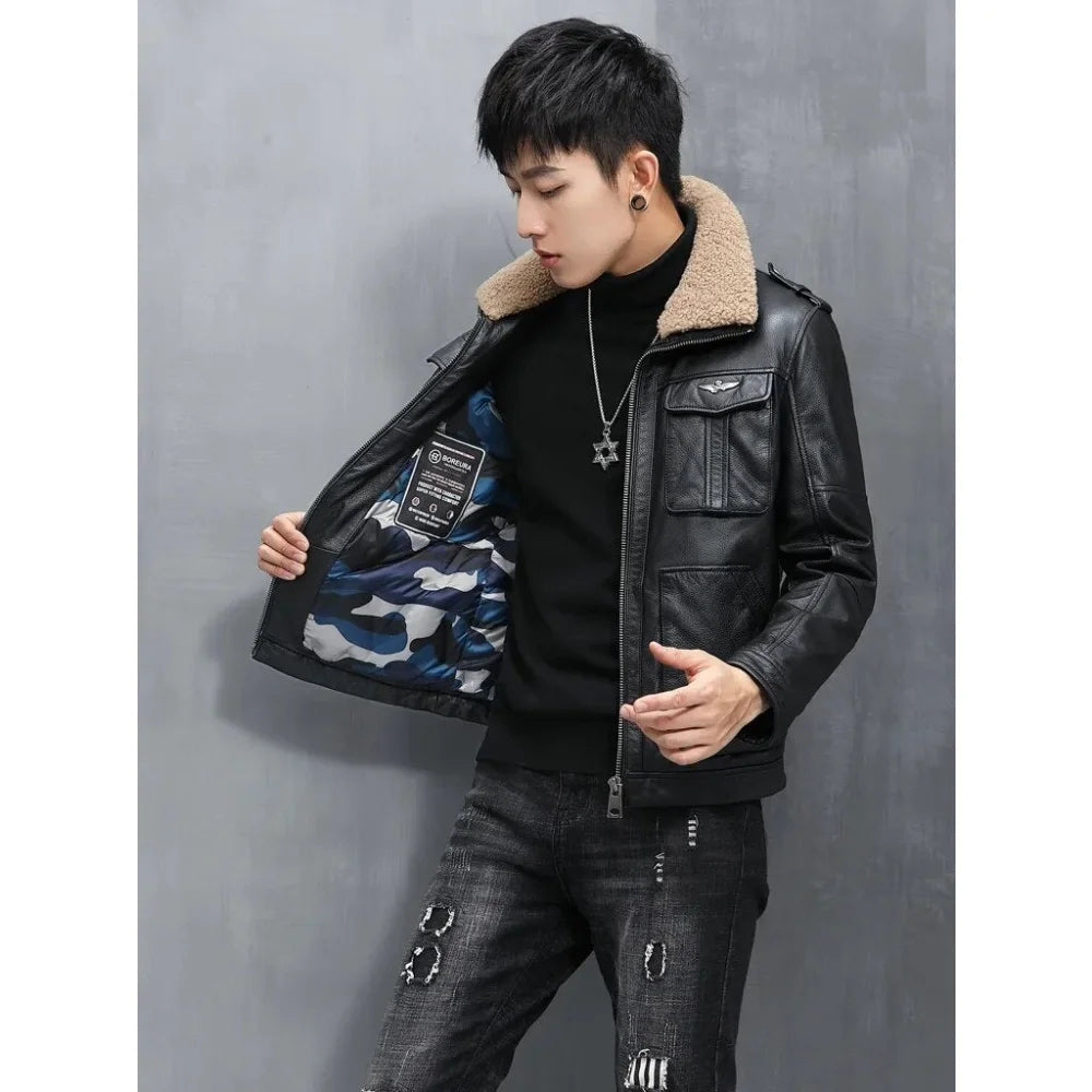 Men's Safari Style Genuine Leather Zipper Closure Solid Winter Jacket