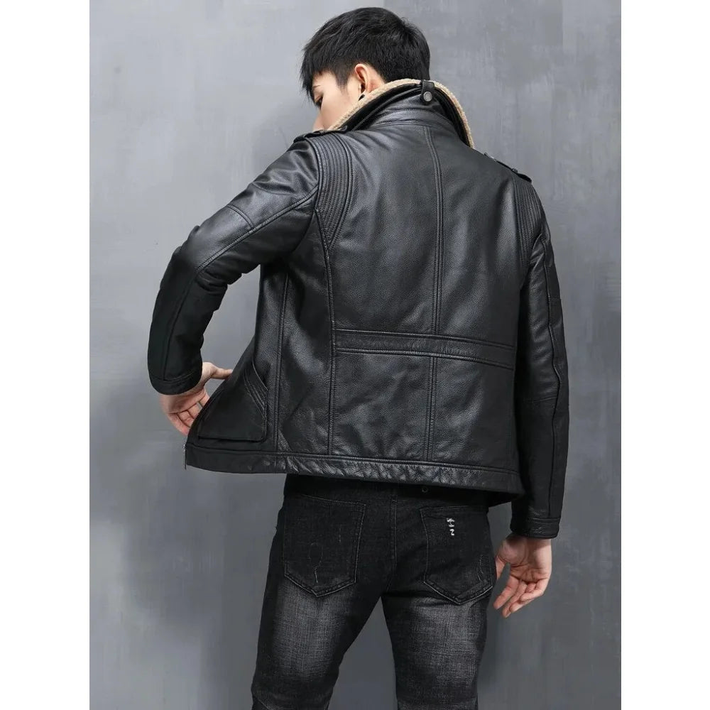 Men's Safari Style Genuine Leather Zipper Closure Solid Winter Jacket