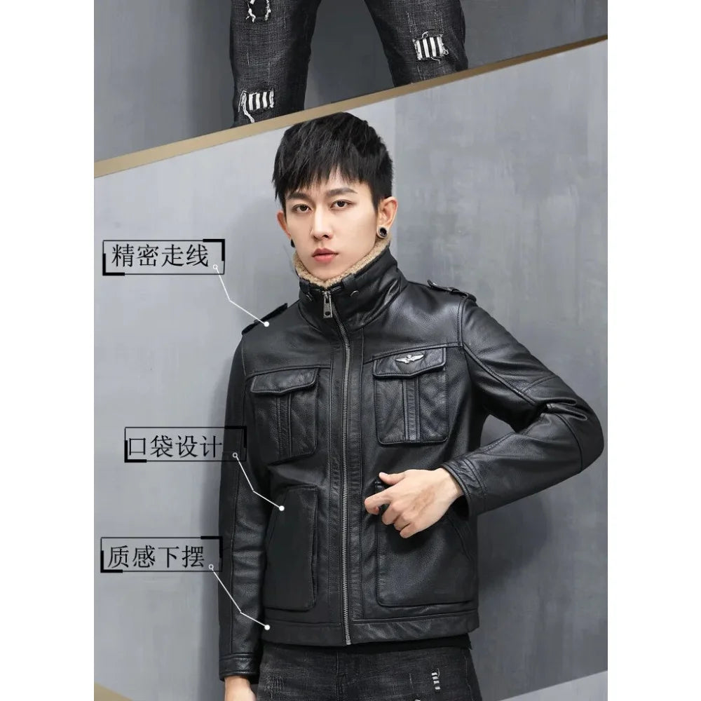 Men's Safari Style Genuine Leather Zipper Closure Solid Winter Jacket