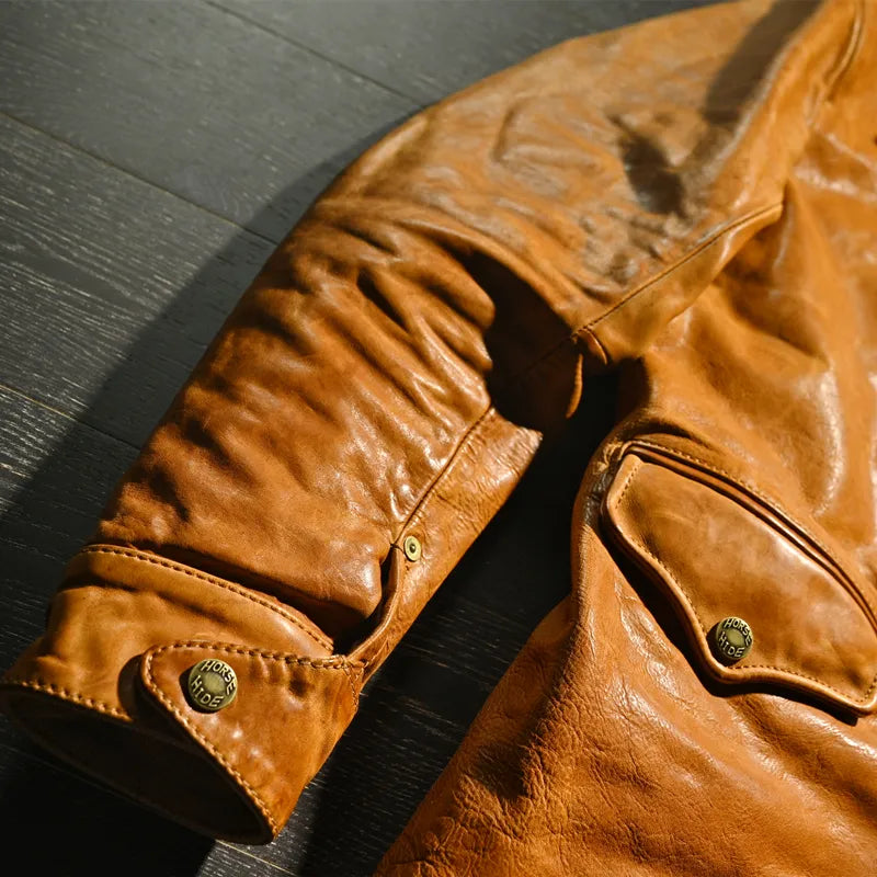 Men's Vintage Solid Genuine Leather Single Breasted Slim Fit Street Jacket