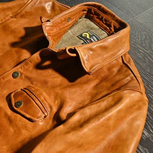 Men's Vintage Solid Genuine Leather Single Breasted Slim Fit Street Jacket