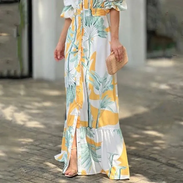 New Women's Clothing Printed Waist Puff Sleeve Long Dress Elegant V-neck Dress B-53482