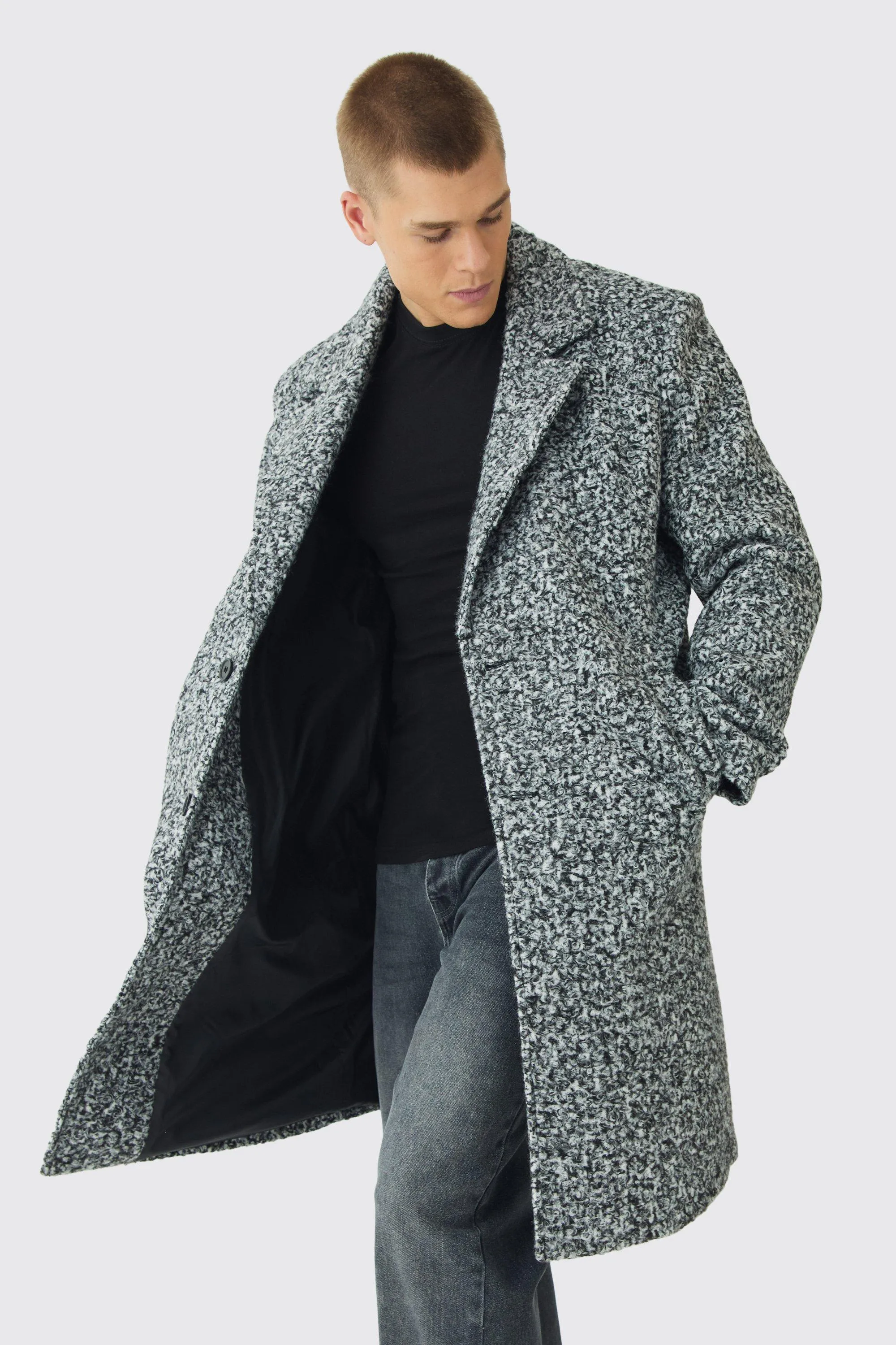 Oversized Double Breasted Boucle Overcoat In Grey