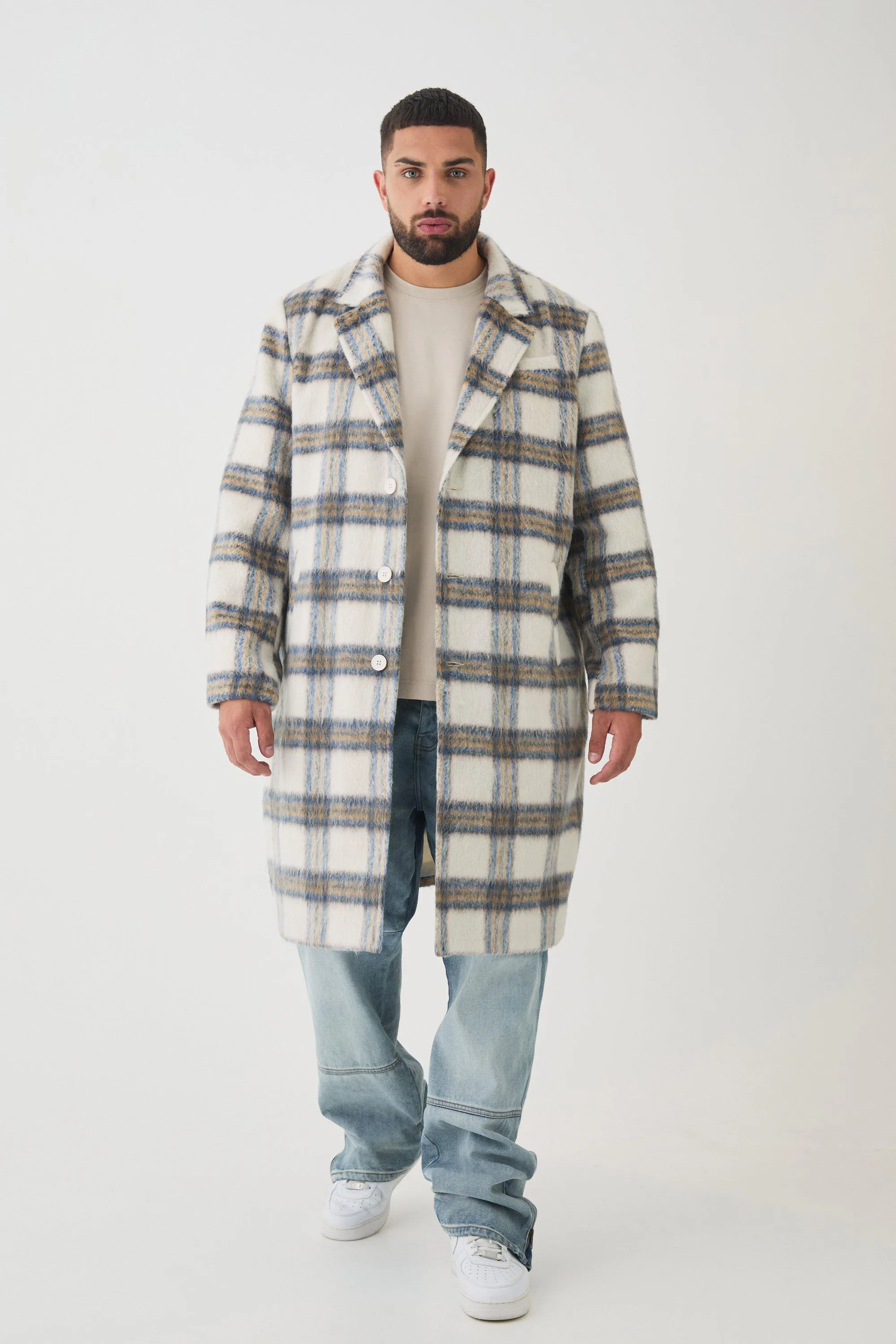 Plus Oversized Brushed Check Overcoat In Ecru