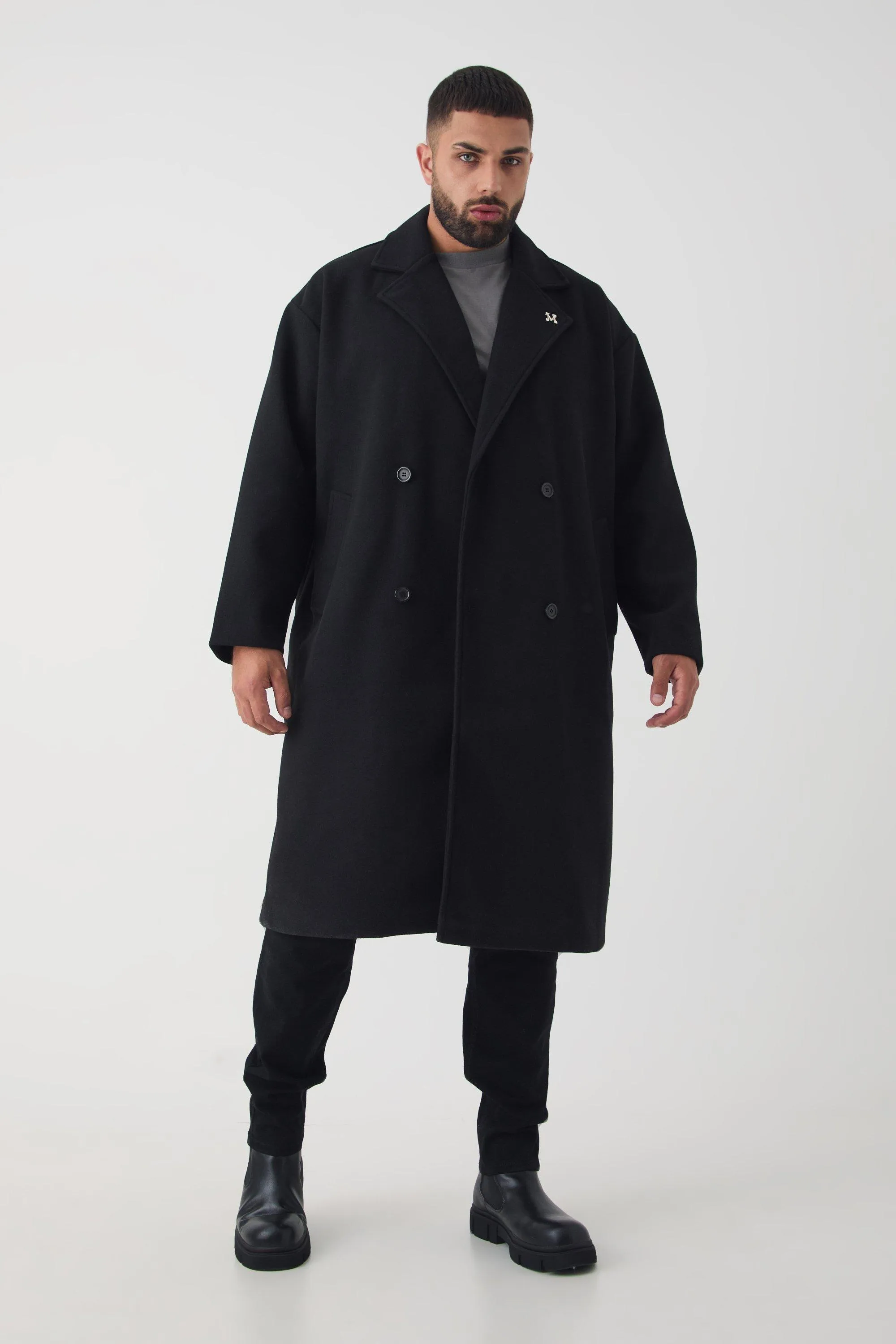 Plus Oversized Drop Shoulder Double Breasted Overcoat In Black