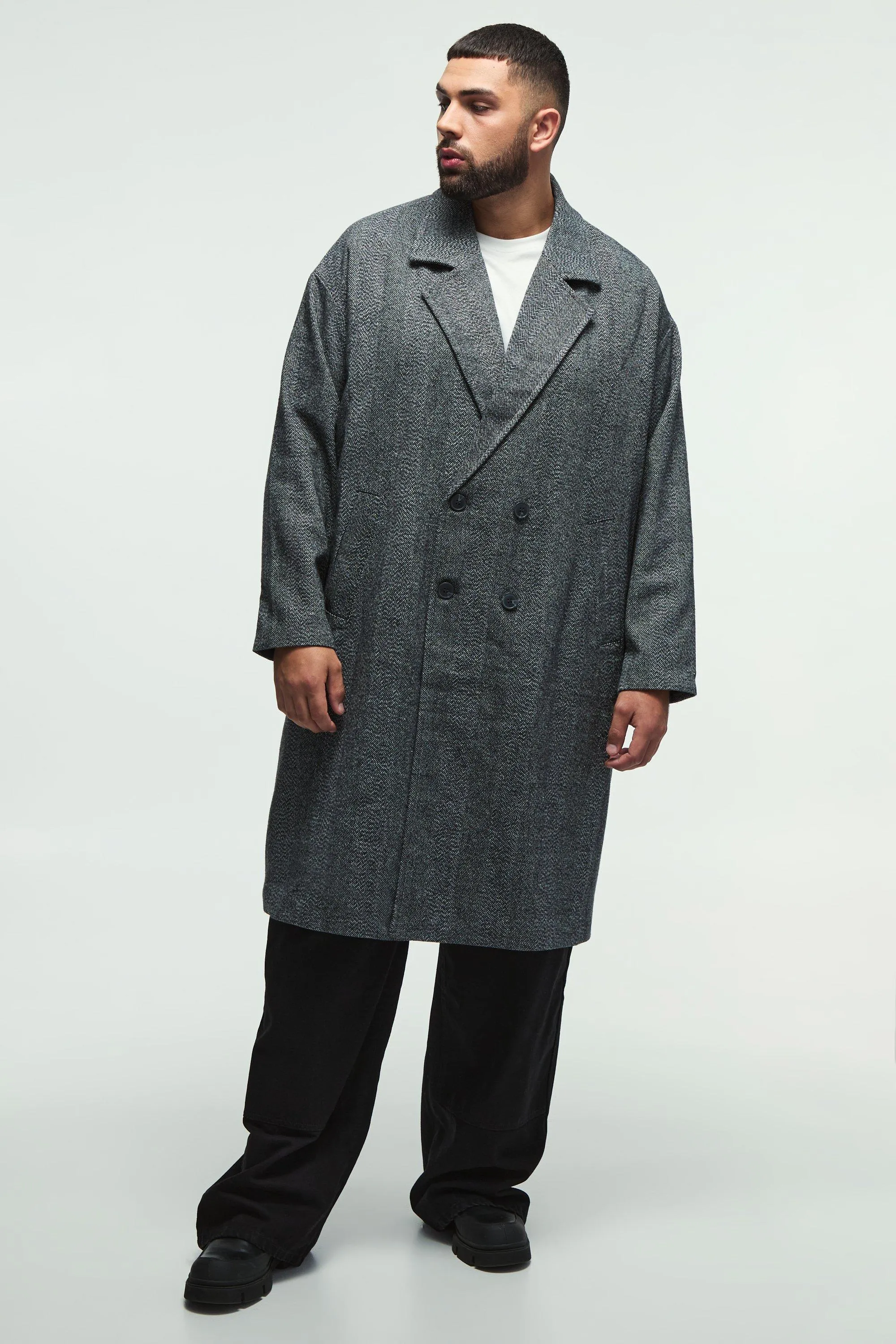 Plus Oversized Drop Shoulder Herringbone Overcoat In Grey