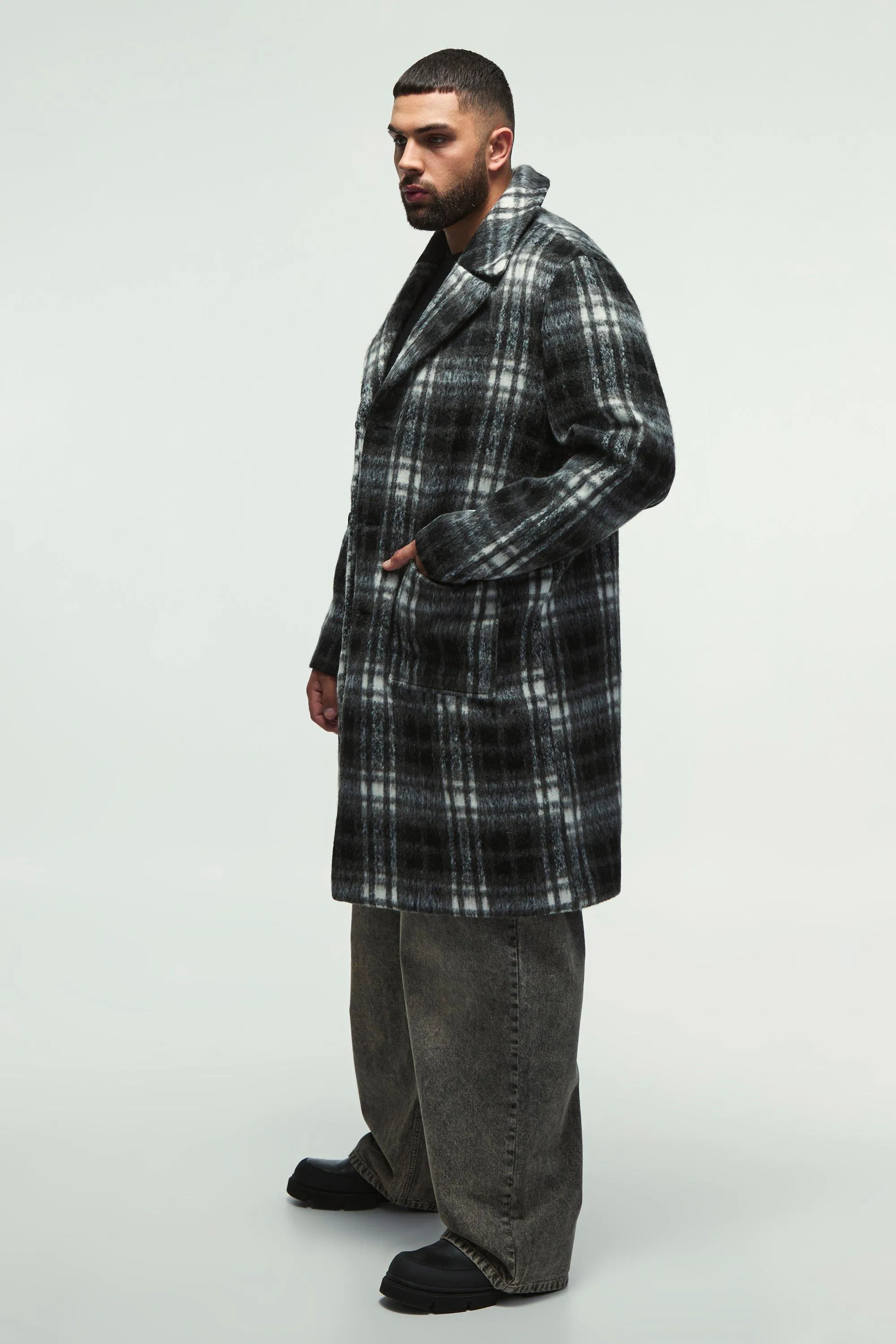 Plus Relaxed Fit Single Breasted Check Overcoat In Black