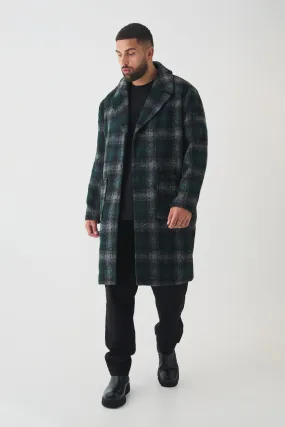 Plus Relaxed Fit Single Breasted Check Overcoat In Green