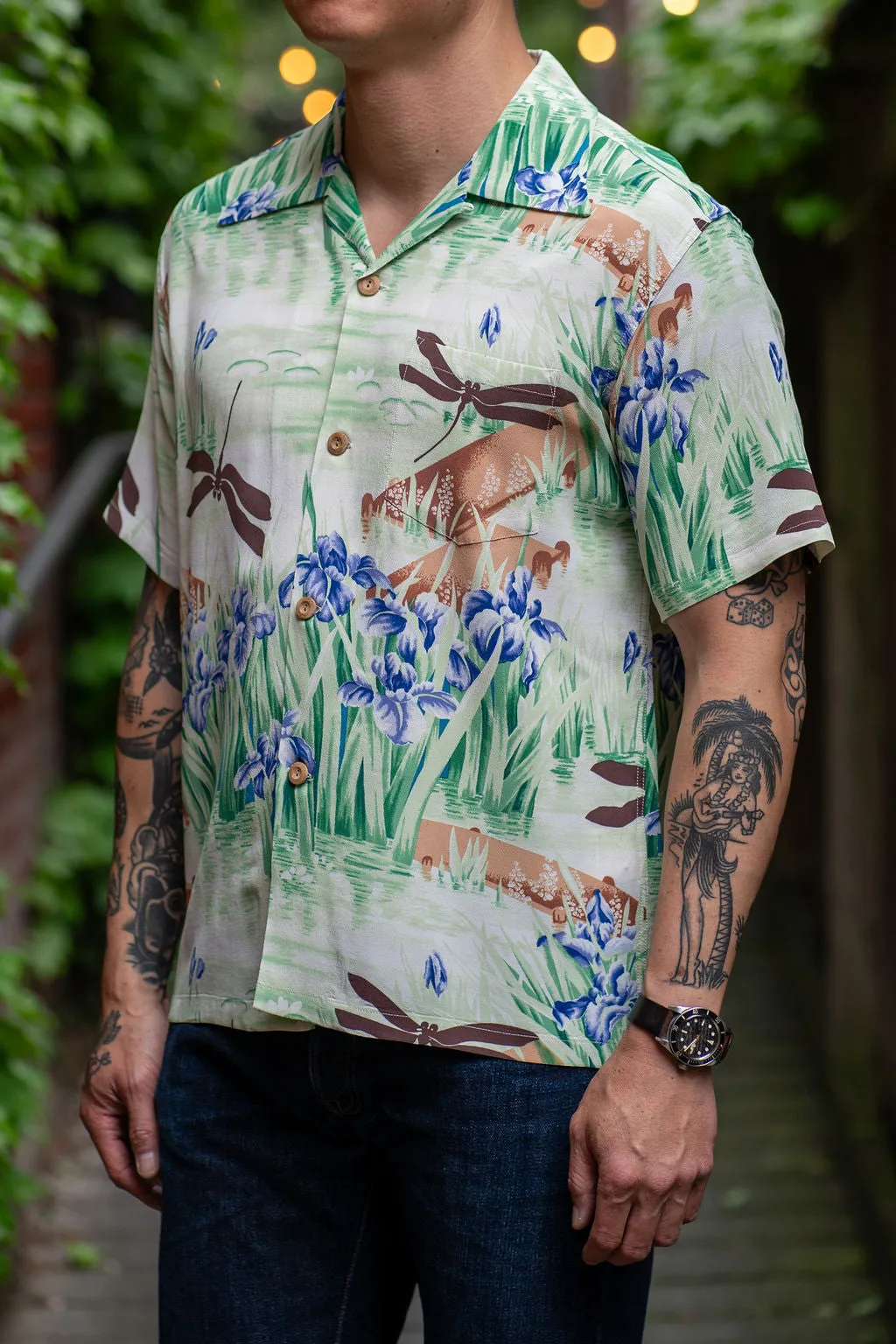 Sun Surf Rayon Hawaiian Shirt Iris & Dragonfly - Brown