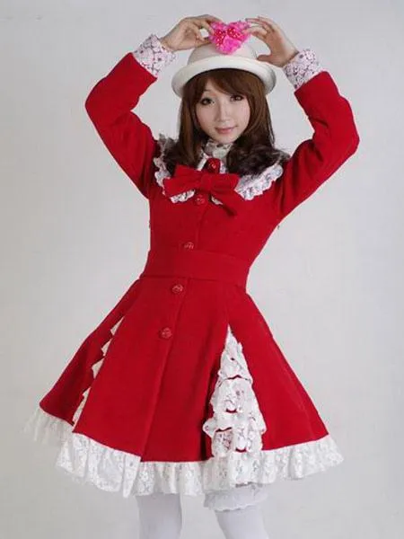 Sweet Lolita Overcoat Lace Trim Ruffle Bow Wool Lolita Winter Coat