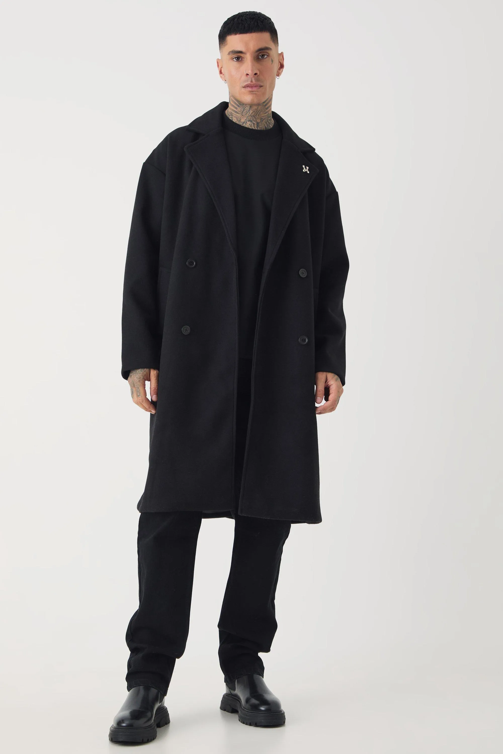 Tall Oversized Drop Shoulder Double Breasted Overcoat In Black