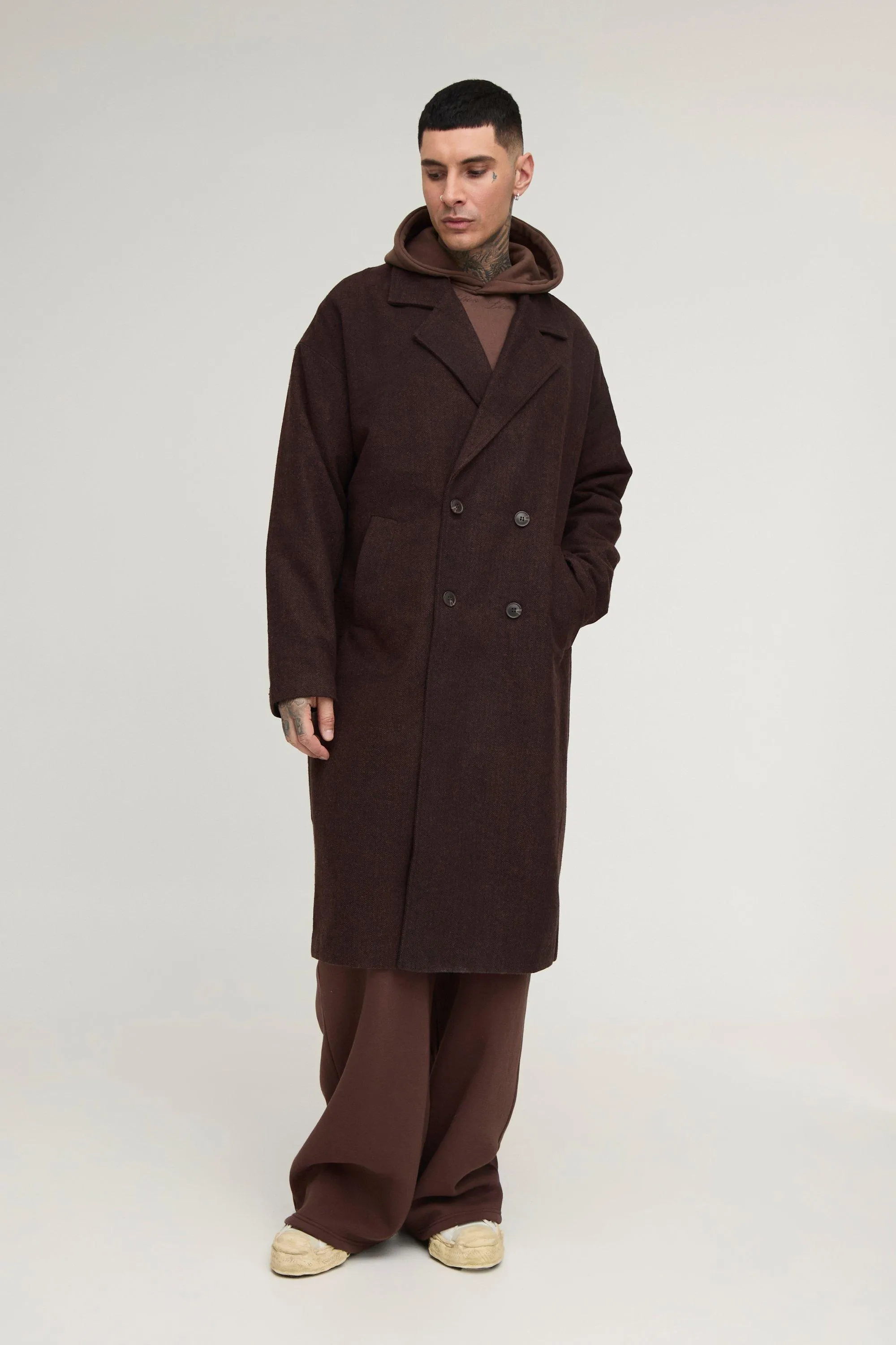 Tall Oversized Drop Shoulder Herringbone Overcoat In Brown